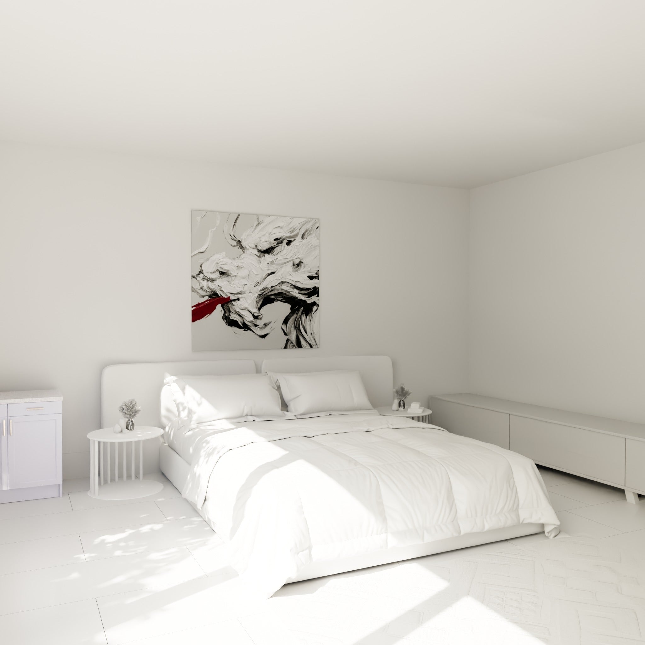 Créature blanche aux reliefs anthracite et langue écarlate, accrochée au-dessus d'un lit dans une chambre claire