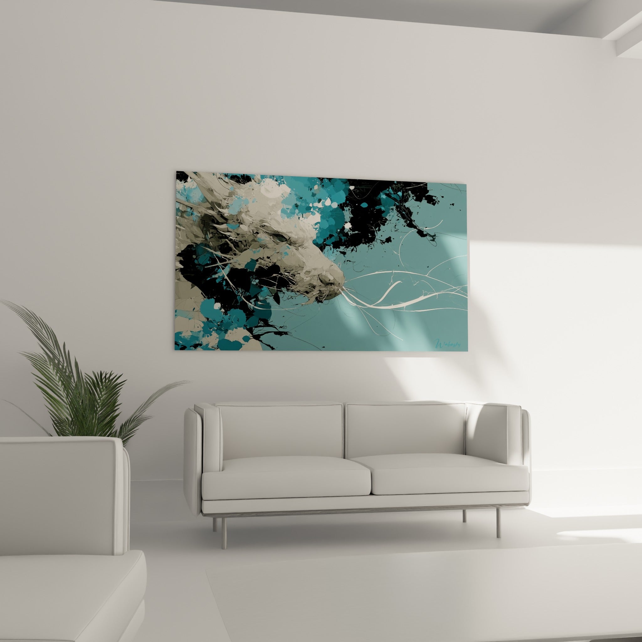 Tête de dragon anthracite et sarcelle avec traînées blanches, au-dessus d'un canapé dans un salon lumineux