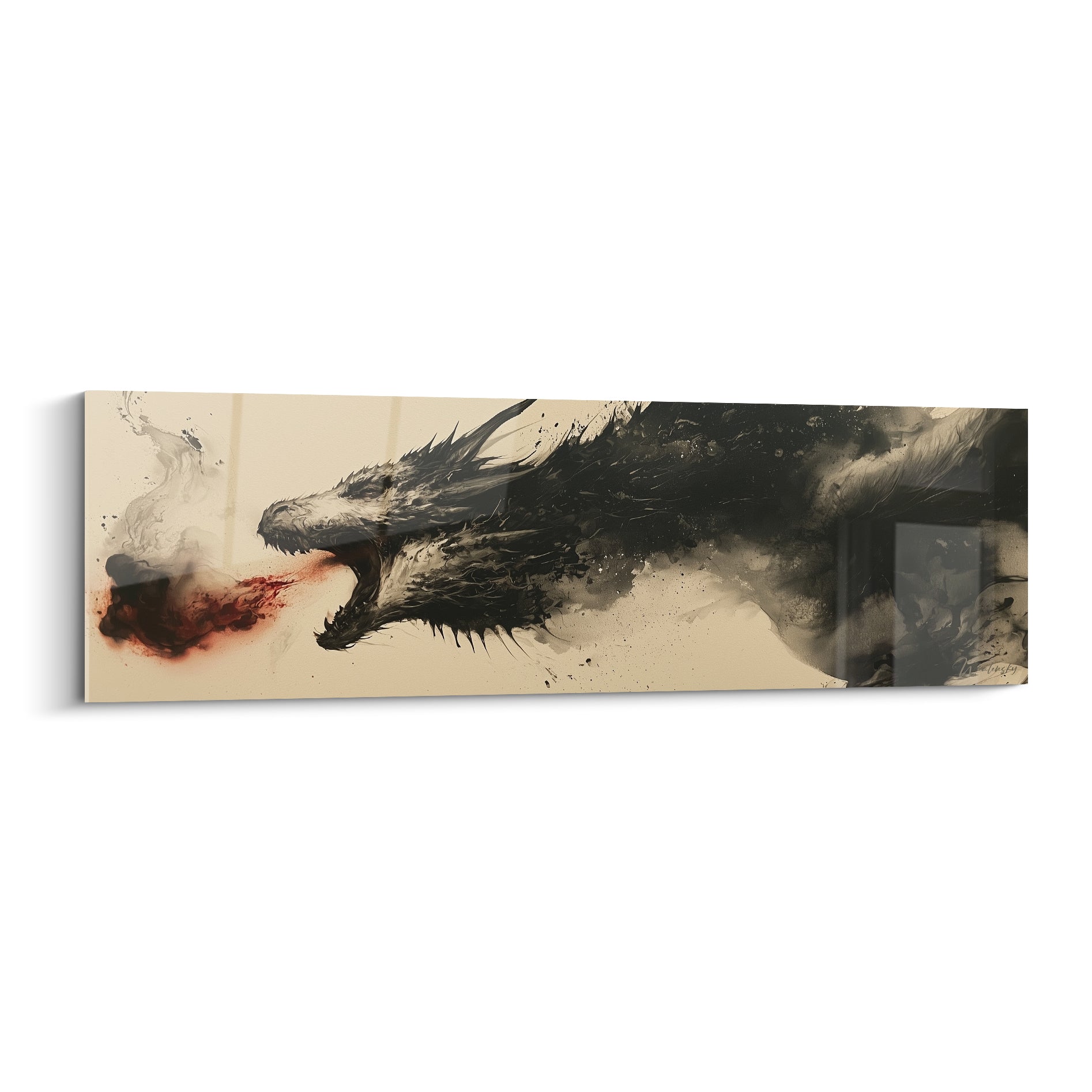 Dragon anthracite crachant un souffle rouge sur fond ivoire, style encre expressive