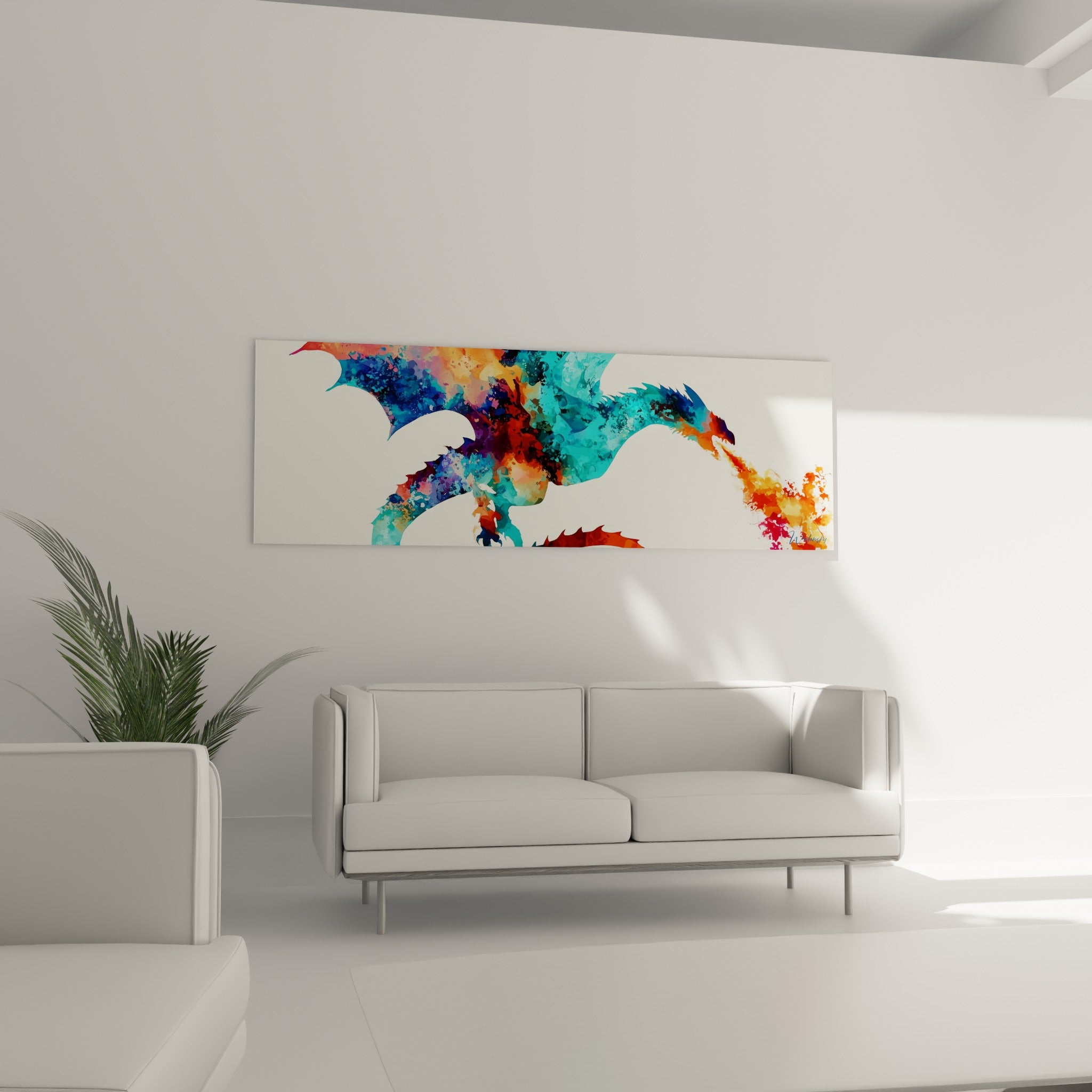 Silhouette de dragon bleu pétrole et corail crachant des flammes au-dessus d'un canapé dans un salon lumineux