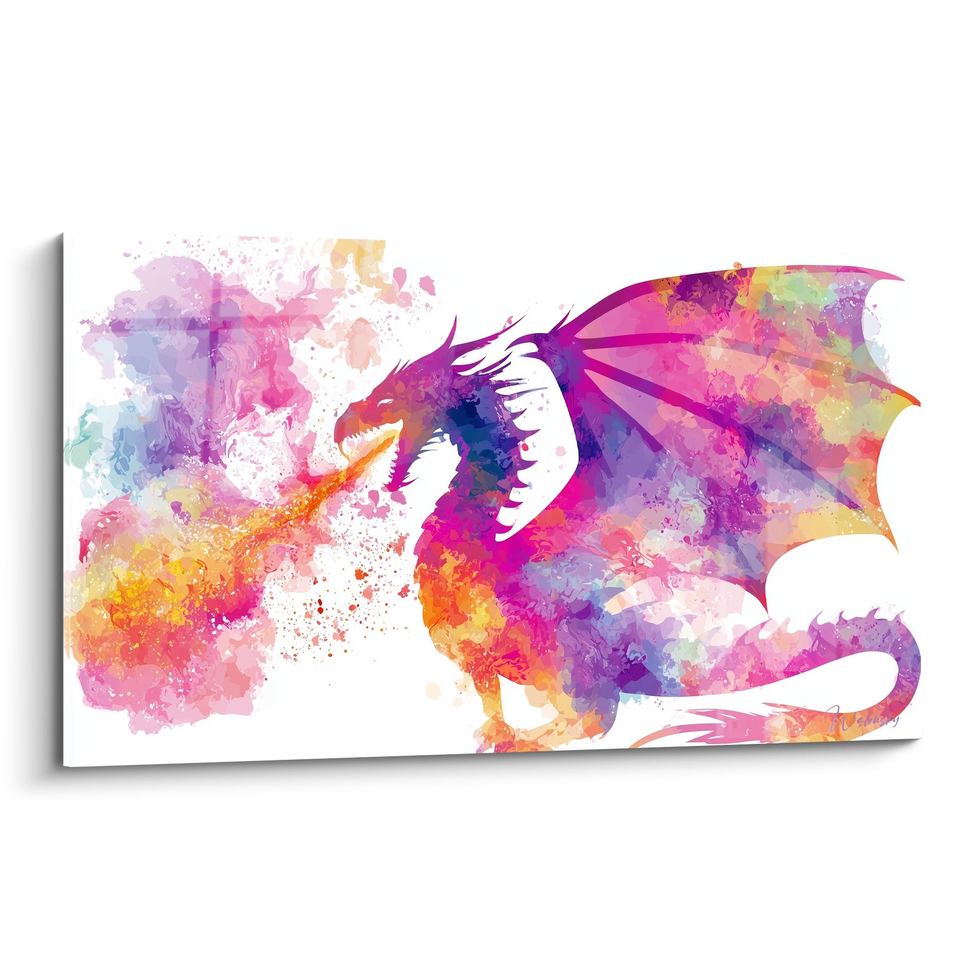 Dragon rose et violet cracheur de flammes orangées, aquarelle éclatée sur fond blanc