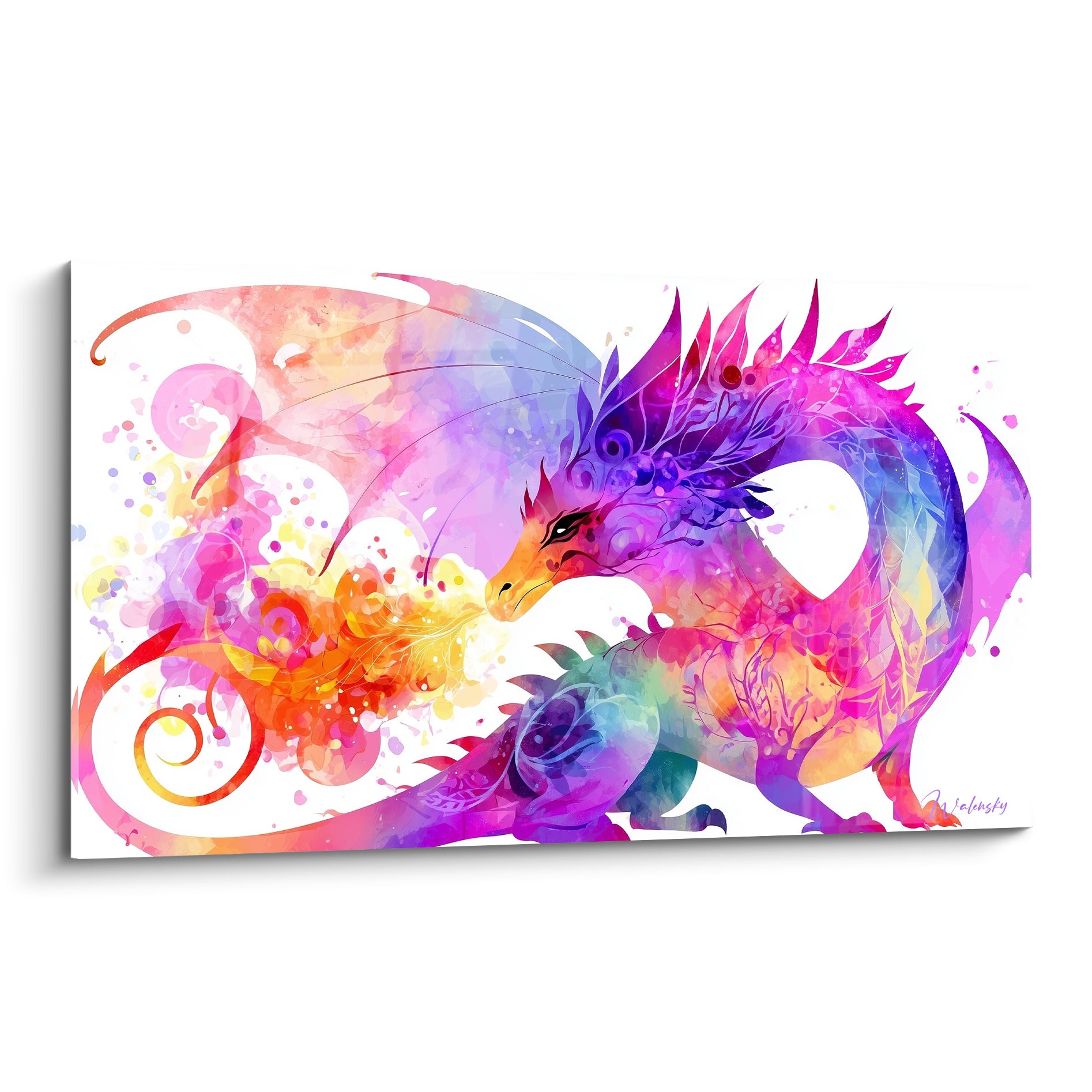Dragon violet et orange en aquarelle, souffle enflammé, corps recourbé sur fond blanc