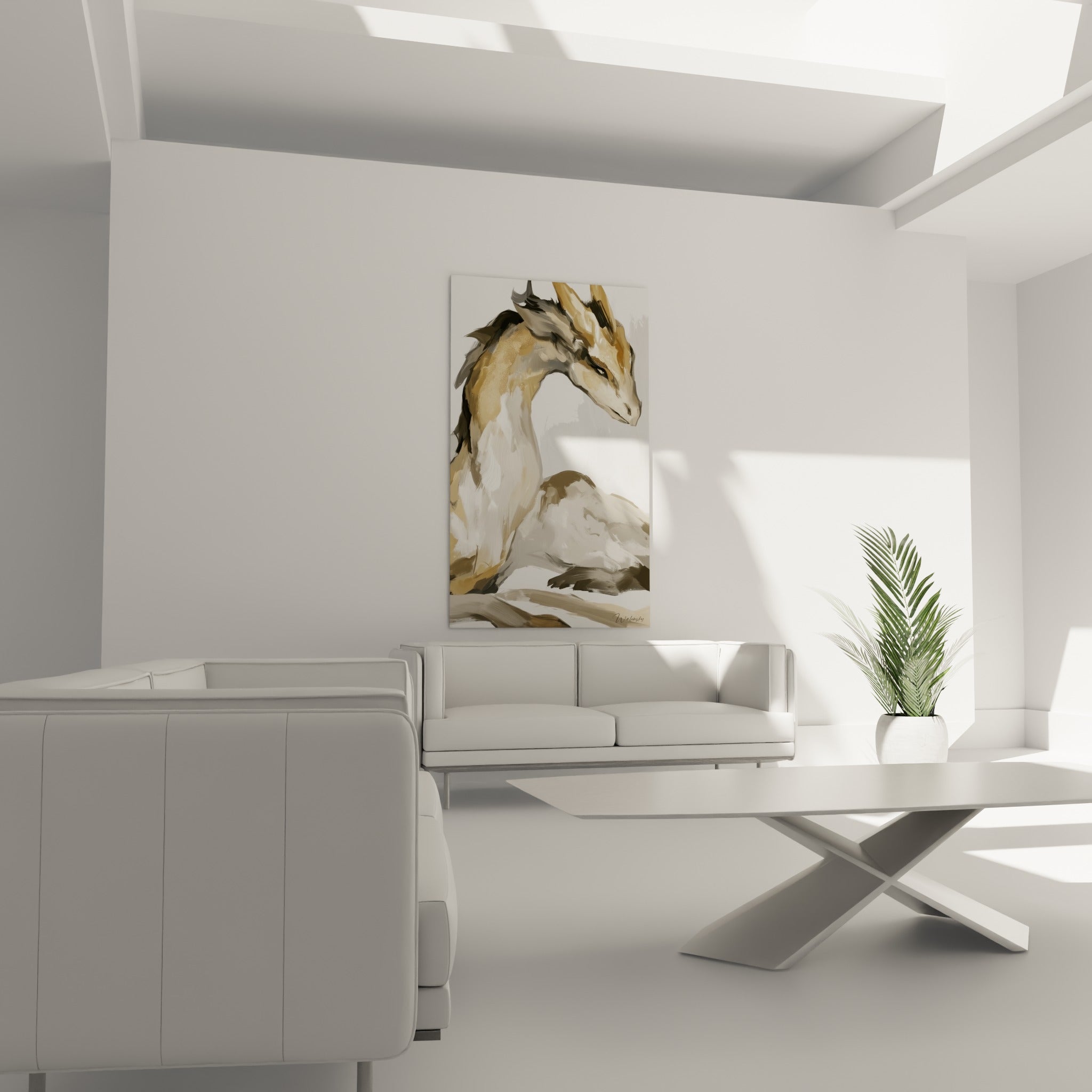 Silhouette mythique dorée et beige accrochée au-dessus d'un canapé dans un salon lumineux