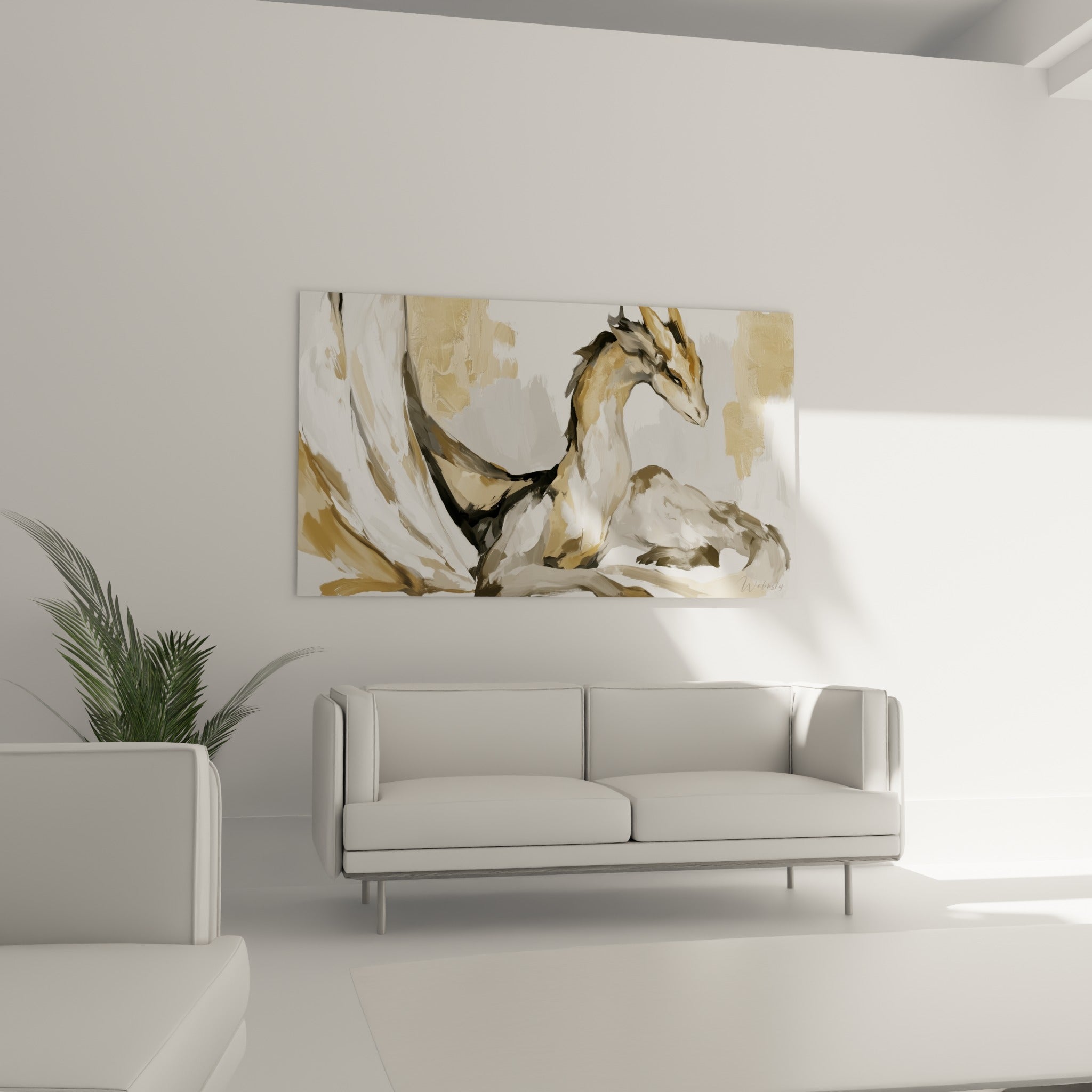 Dragon blanc et doré au repos, corps esquissé en larges touches, au-dessus d'un canapé dans un salon lumineux