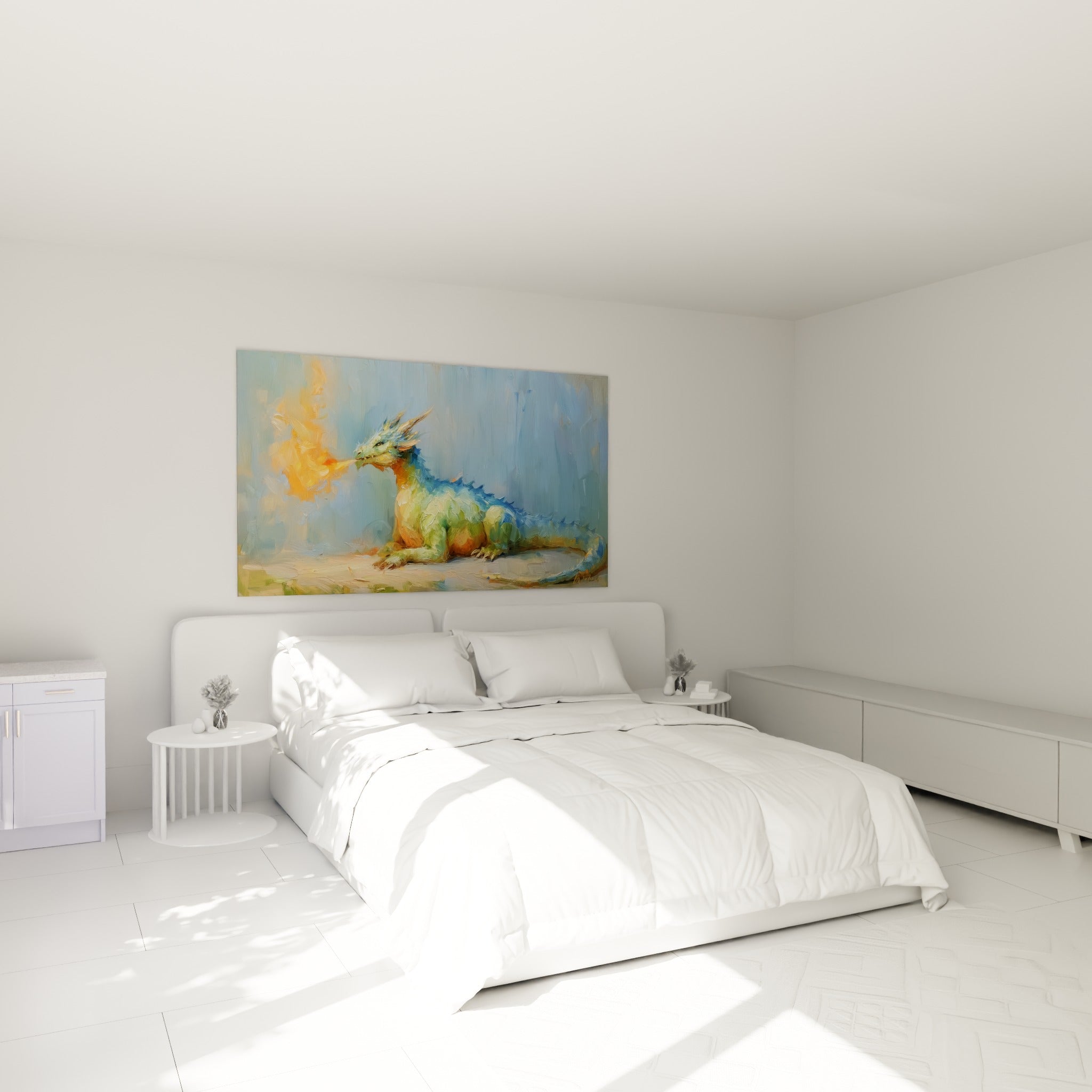 Créature ailée aux écailles vertes et cornes ivoire, au-dessus d'un lit dans une chambre claire