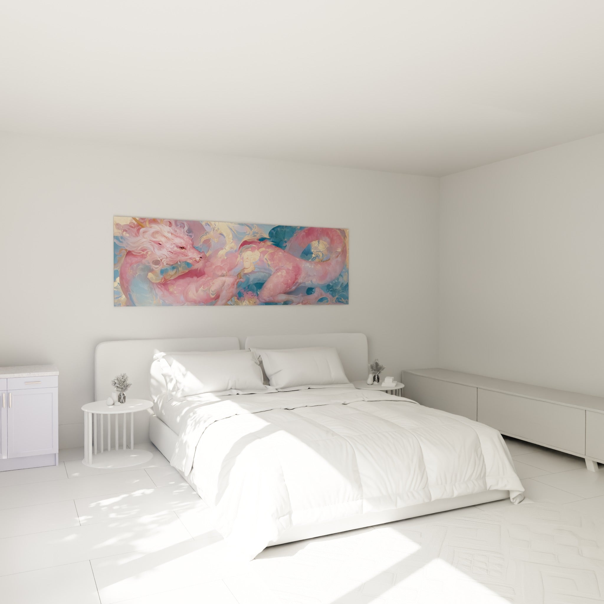Créature serpentine rose et dorée flottant au-dessus d'un lit dans une chambre claire