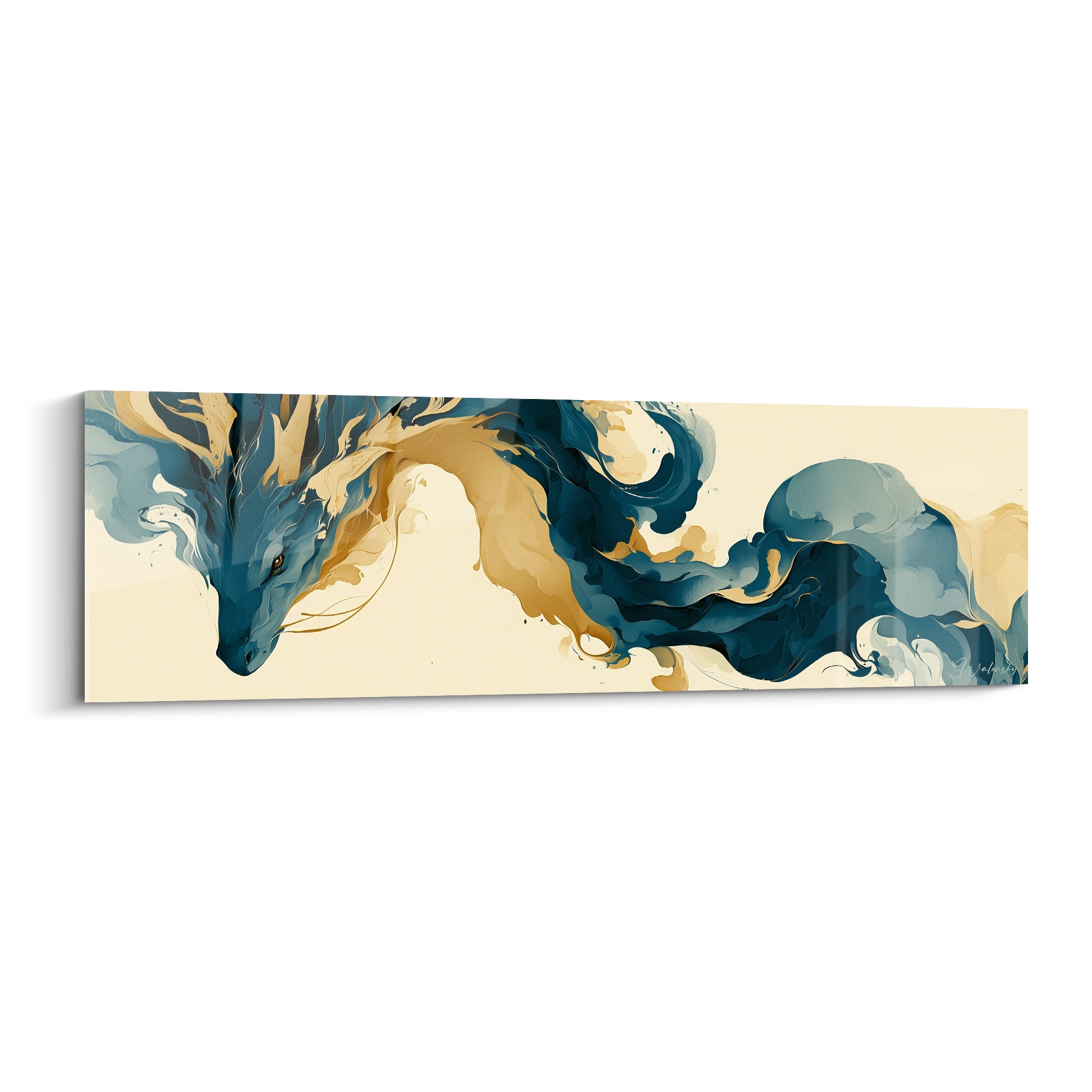 Dragon bleu marine et doré ondulant en volutes fluides sur fond ivoire, style aquarelle raffiné