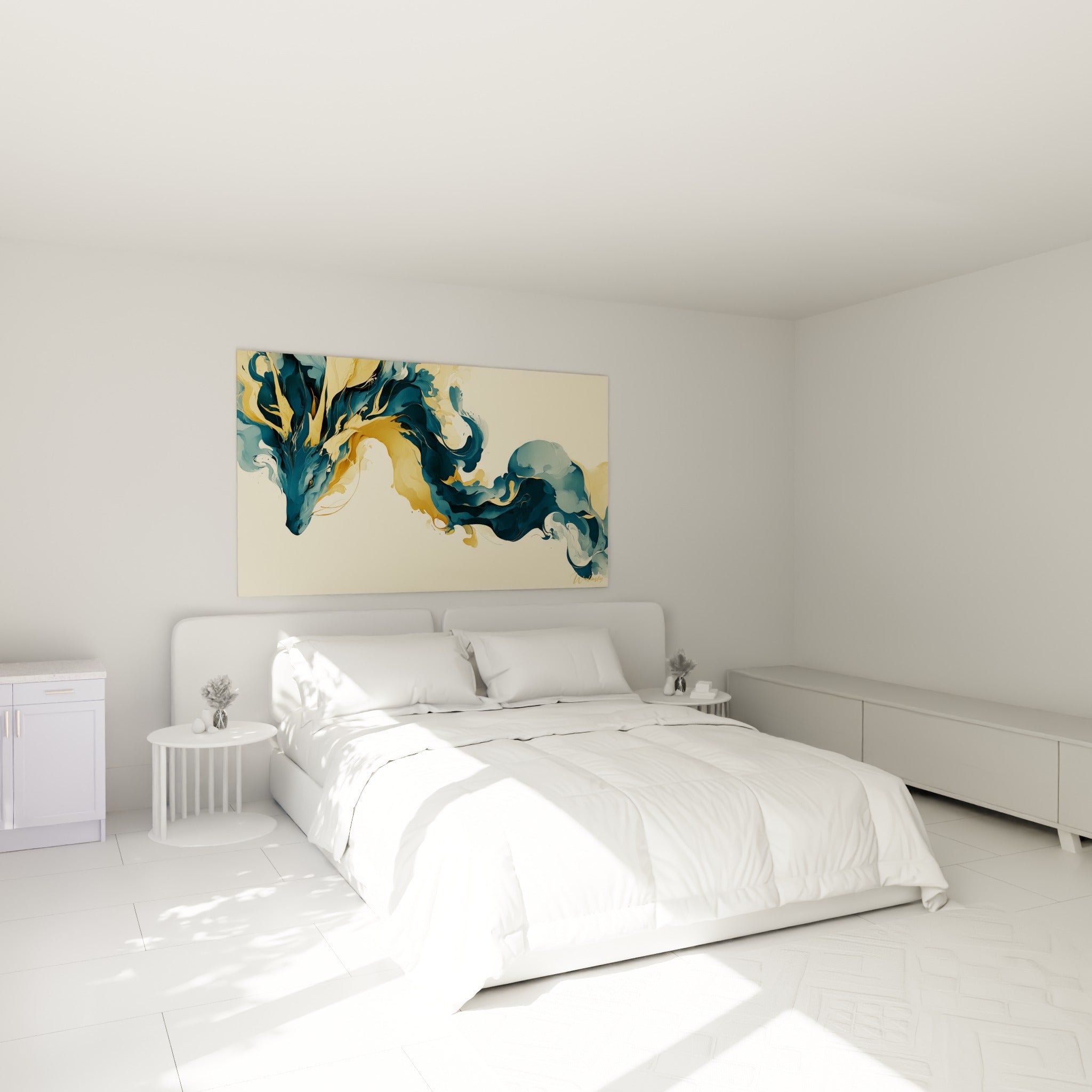 Créature mythique bleu marine et dorée en mouvement serpentin, au-dessus d'un lit dans une chambre claire