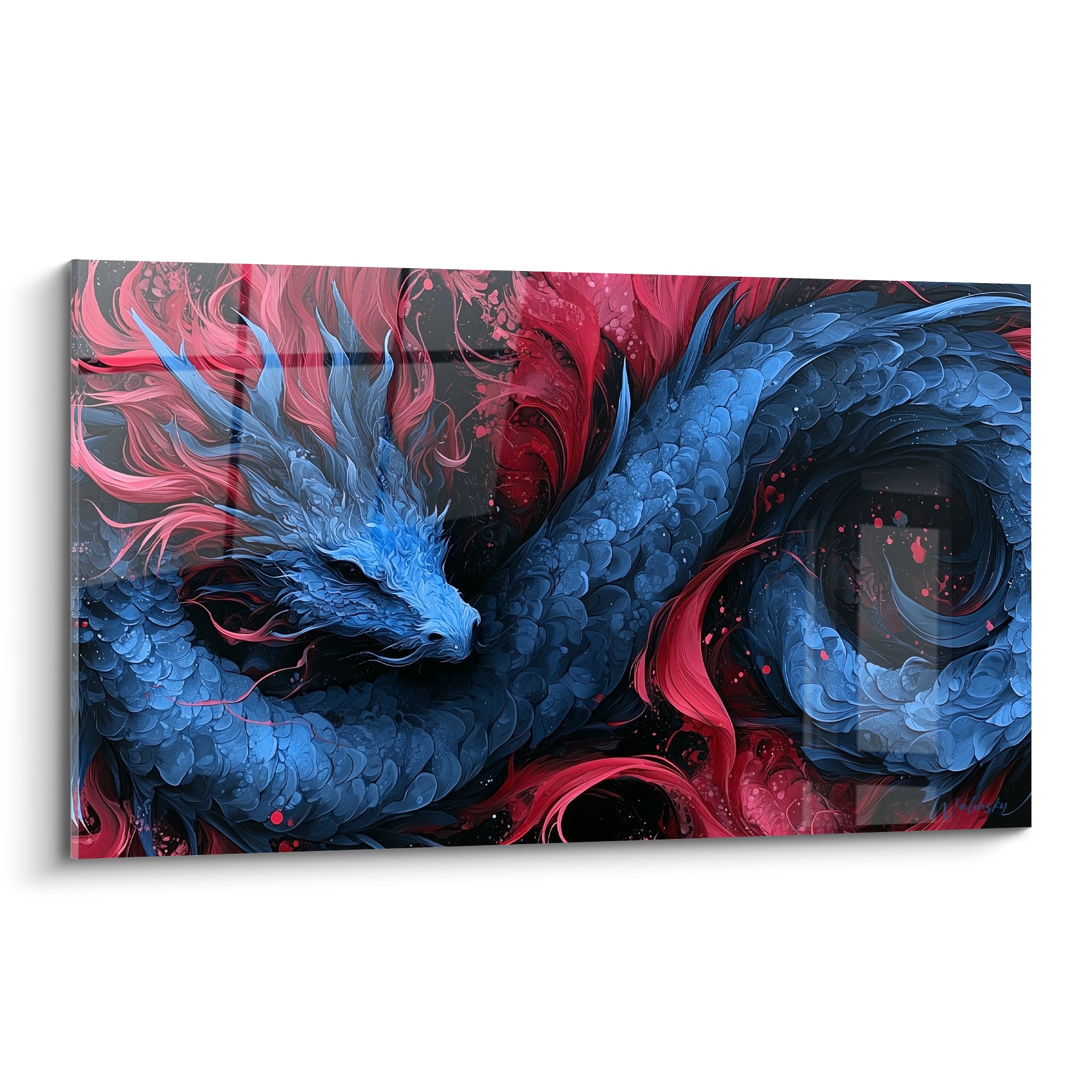 Dragon bleu enroulé aux écailles détaillées, flammes rouges sur fond anthracite profond