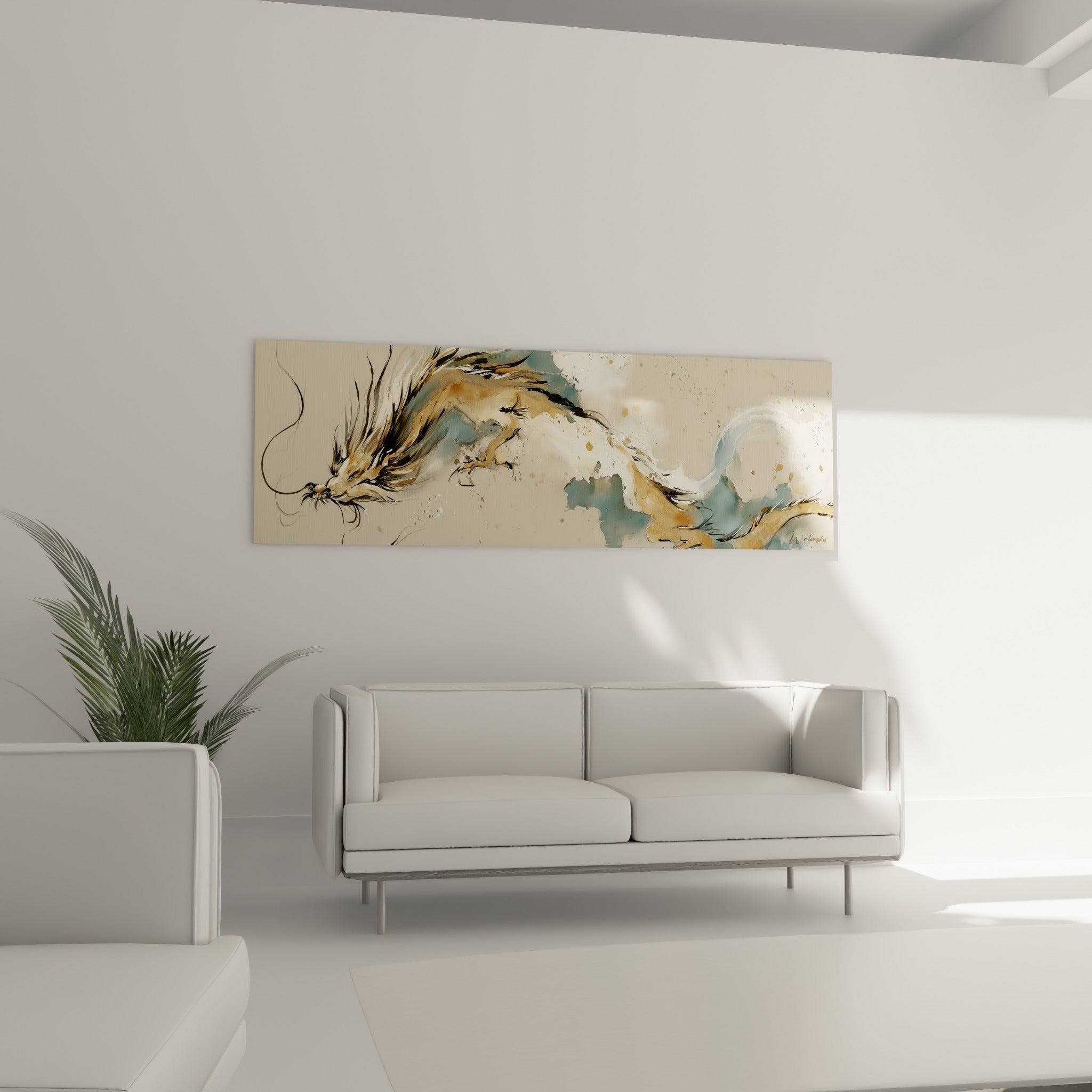 Silhouette fauve et bleutée du dragon en plein élan au-dessus d'un canapé dans un salon lumineux