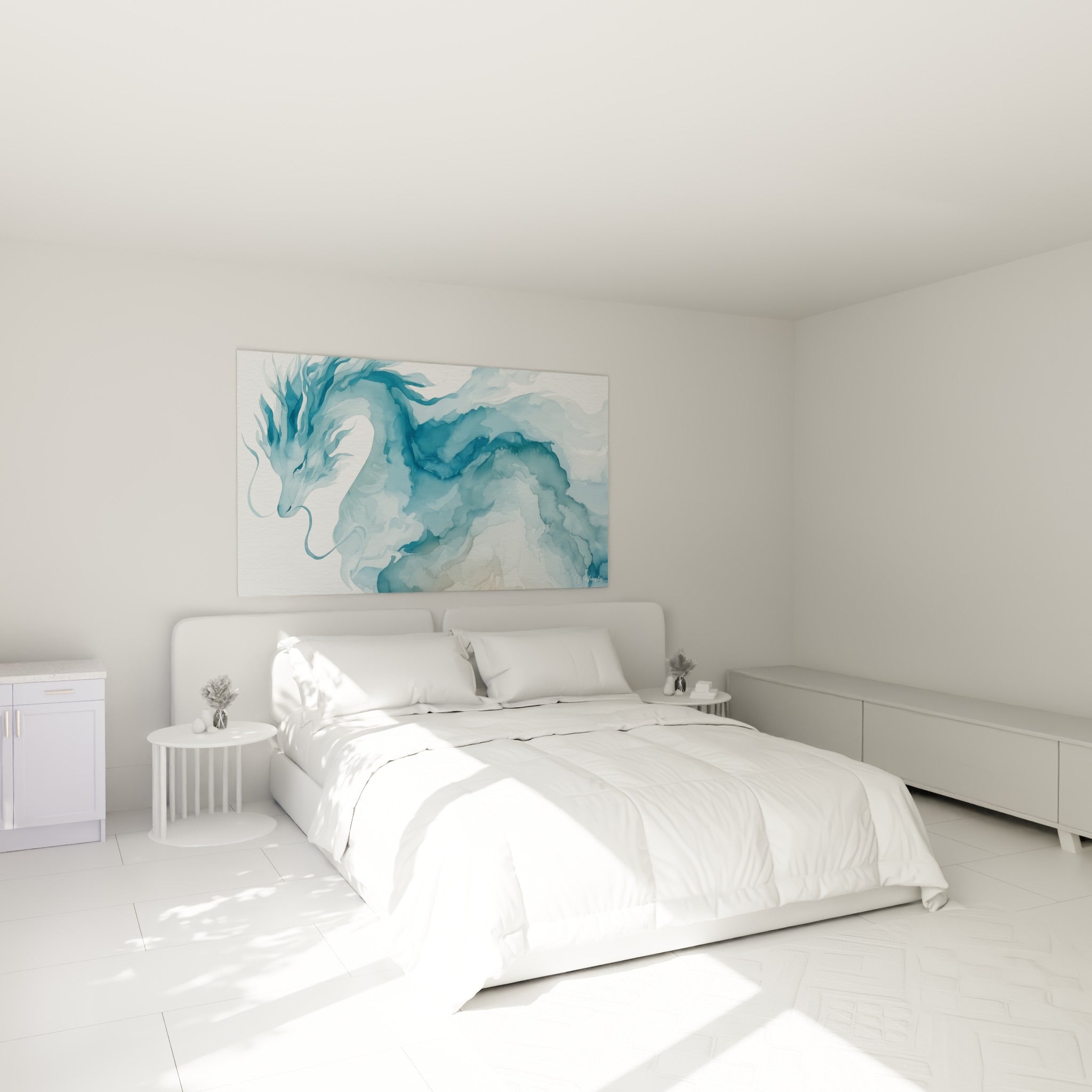 Créature serpentine aux nuances bleu pastel et ocre doré au-dessus d'un lit dans une chambre claire