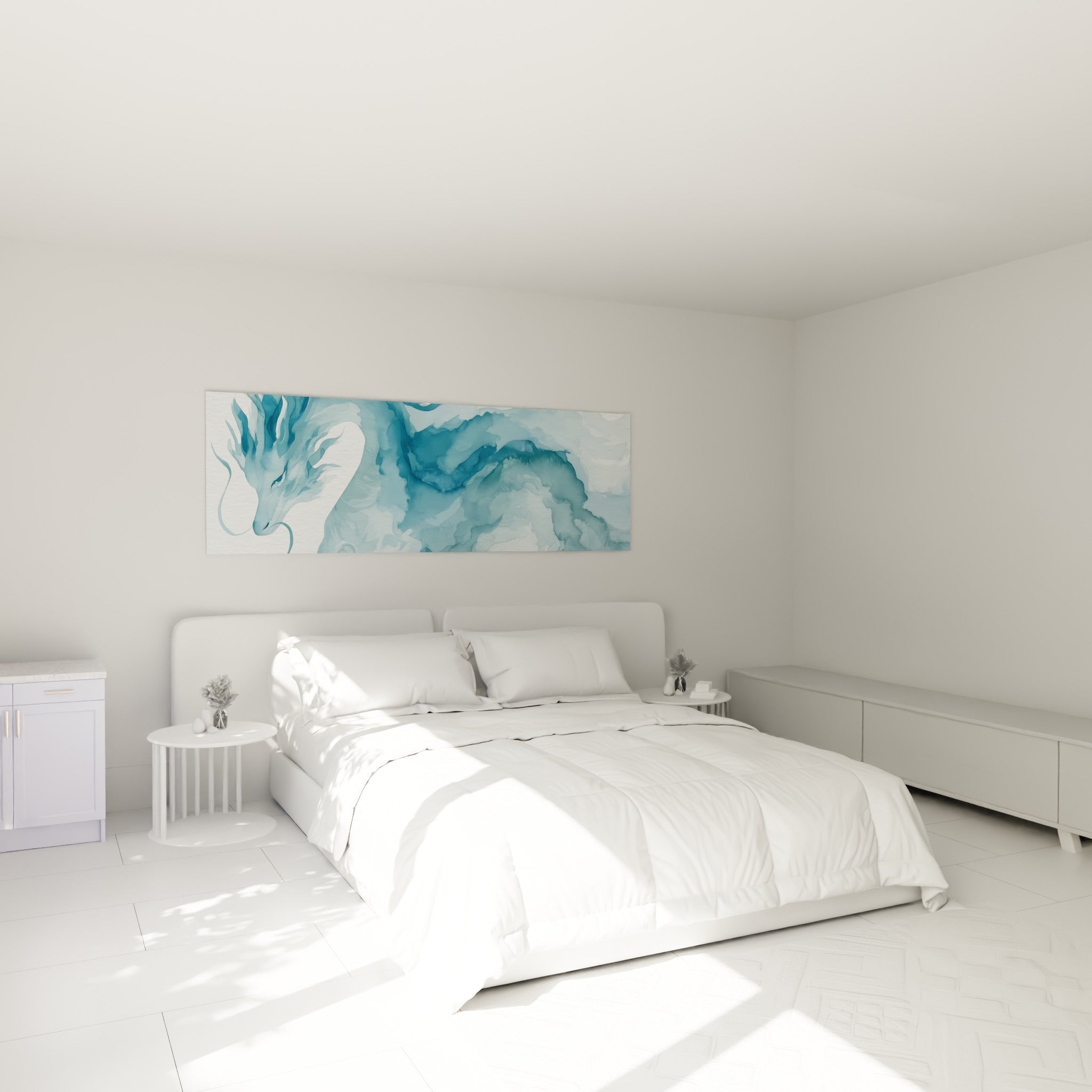 Créature mythique bleu pastel et blanc déployée en volutes, accrochée au-dessus d'un lit dans une chambre claire