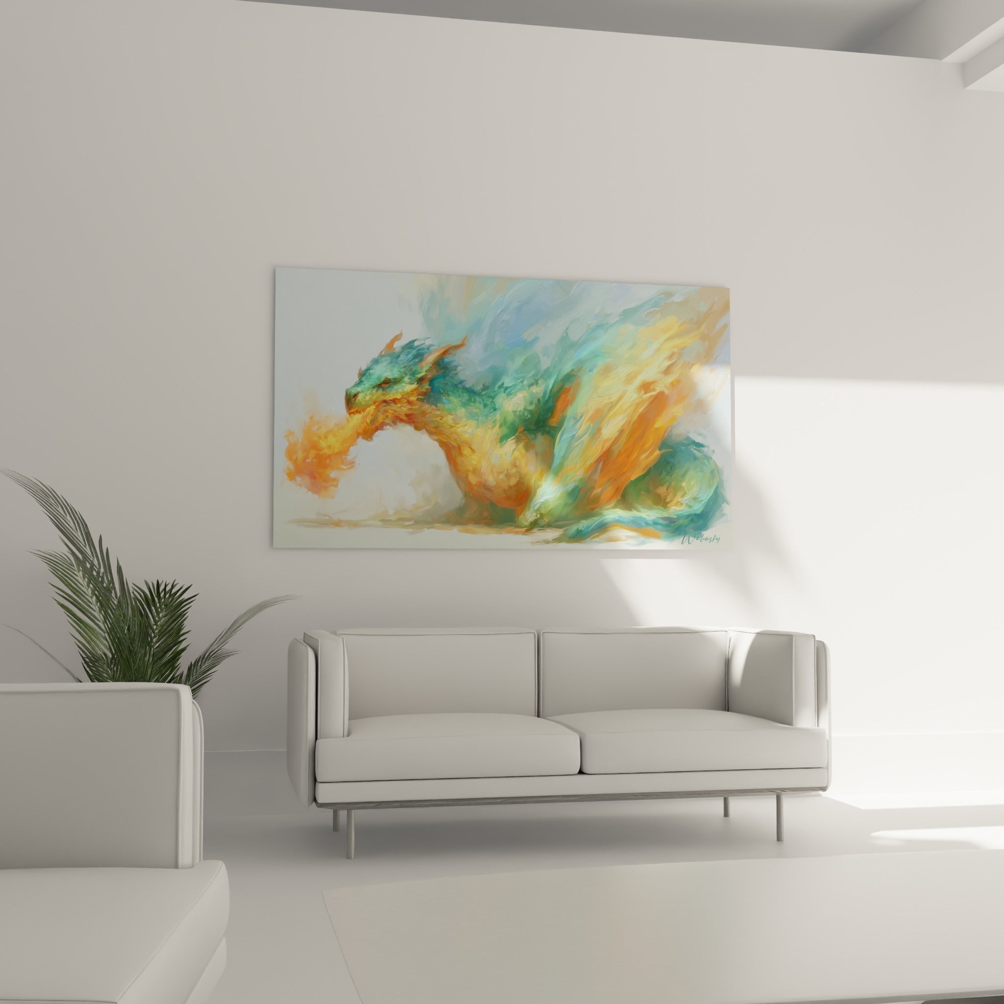 Bête mythique bleu pastel et dorée soufflant le feu au-dessus d'un canapé dans un salon lumineux