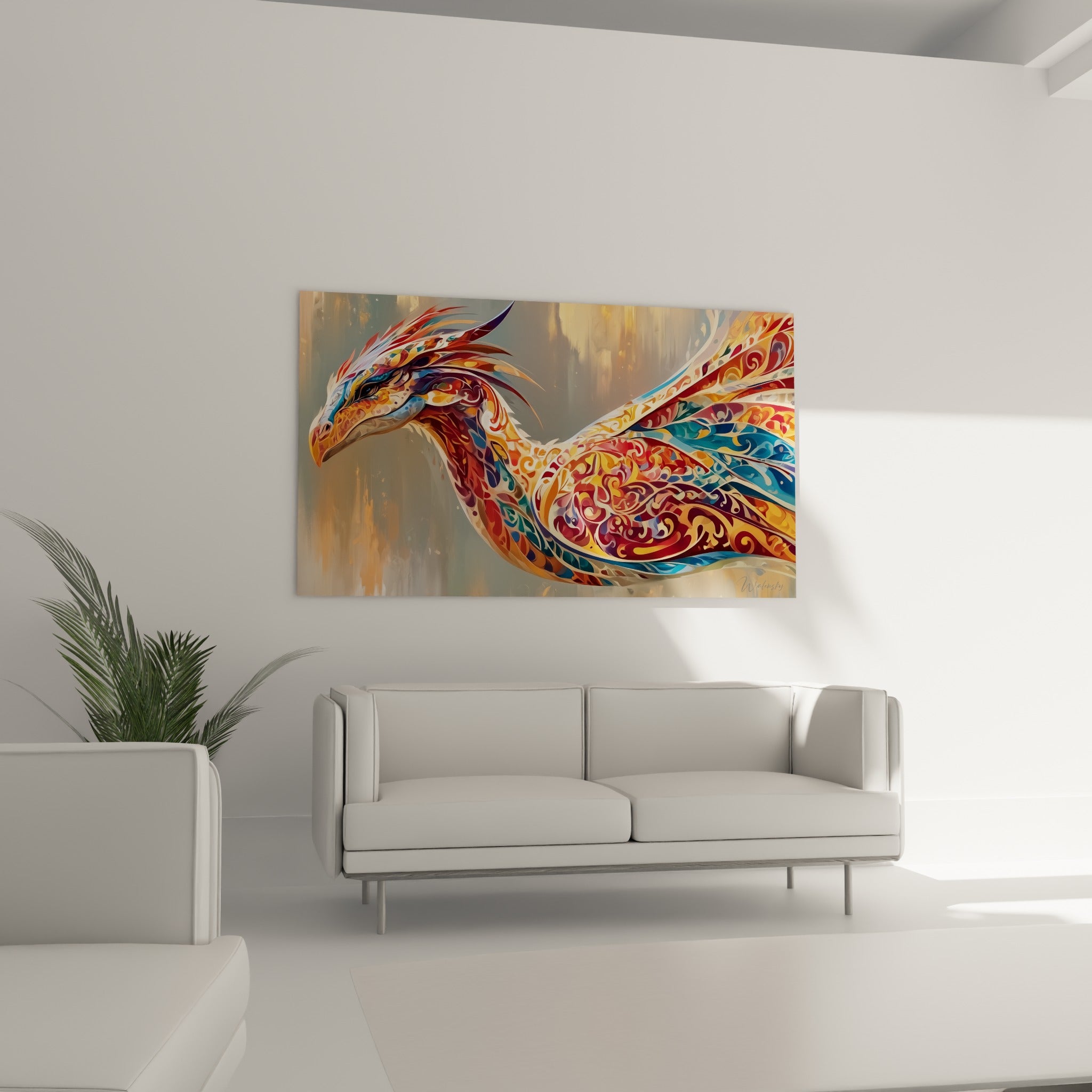Silhouette de dragon bordeaux et bleu marine aux volutes graphiques, au-dessus d'un canapé dans un salon lumineux