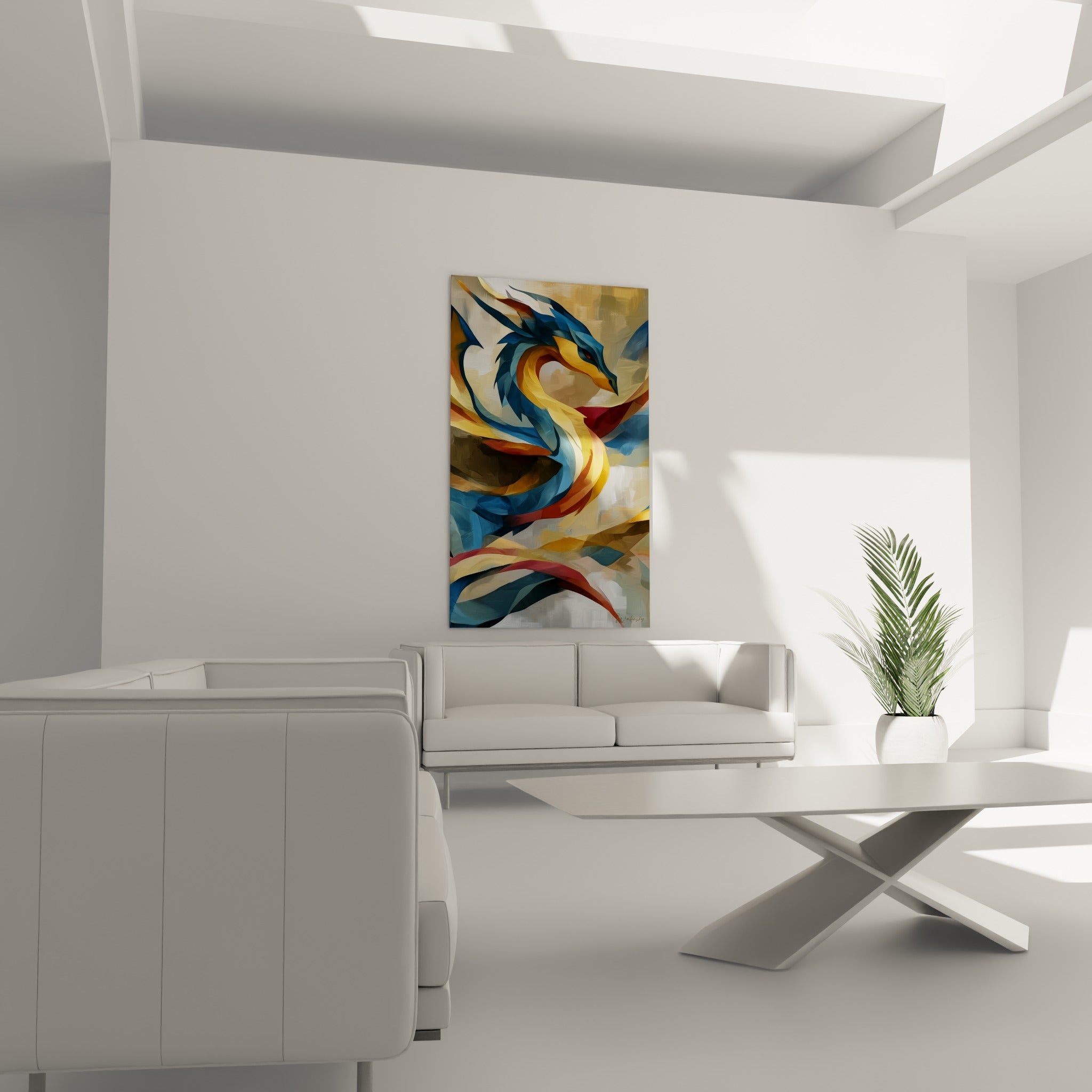 Dragon doré et bleu pétrole en mouvement serpentin, disposé au-dessus d'un canapé dans un salon lumineux