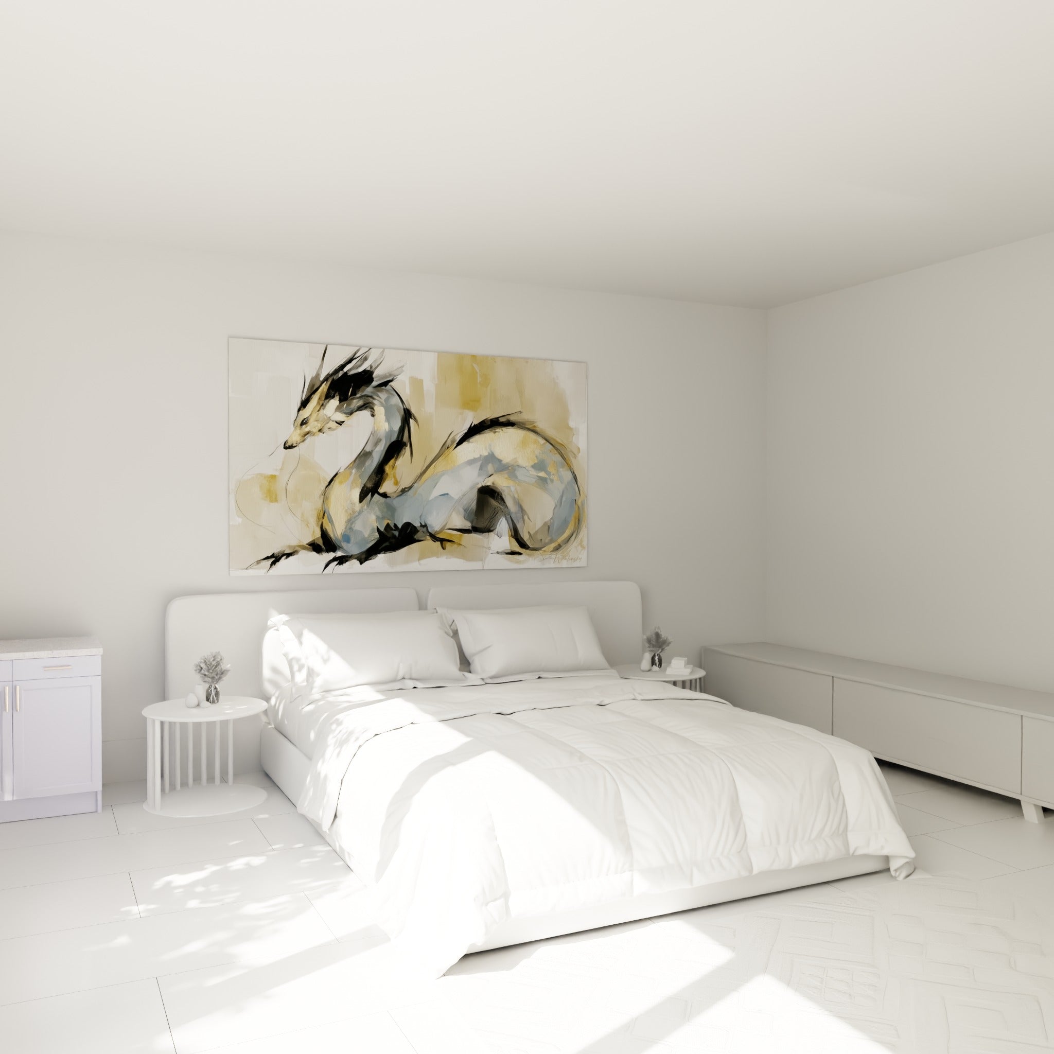 Créature enroulée en tons dorés et anthracite accrochée au-dessus d'un lit dans une chambre claire