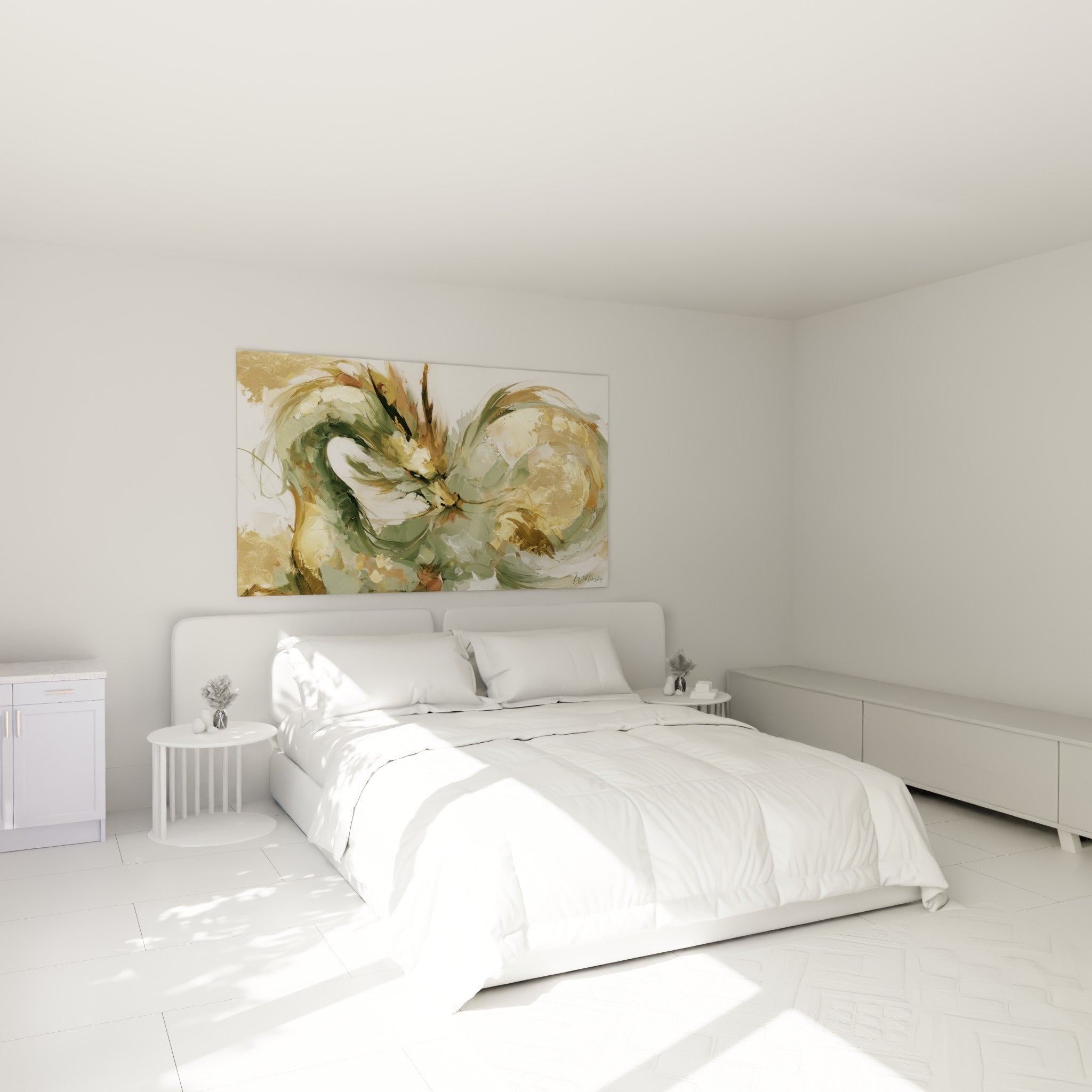 Créature mythique vert sauge et dorée au-dessus d'un lit dans une chambre claire