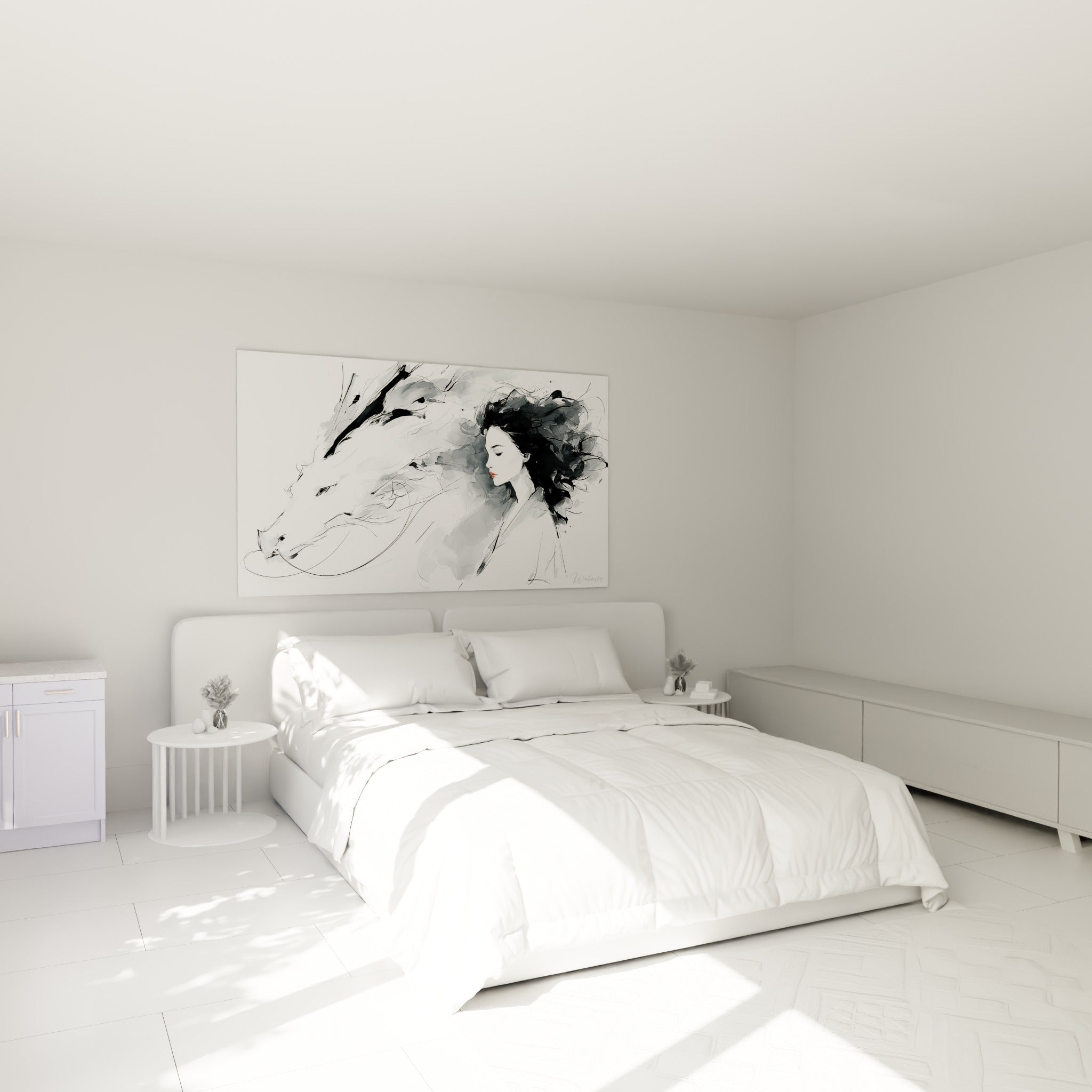 Silhouette féminine et dragon en encre noire se fondent au-dessus d'un lit dans une chambre claire