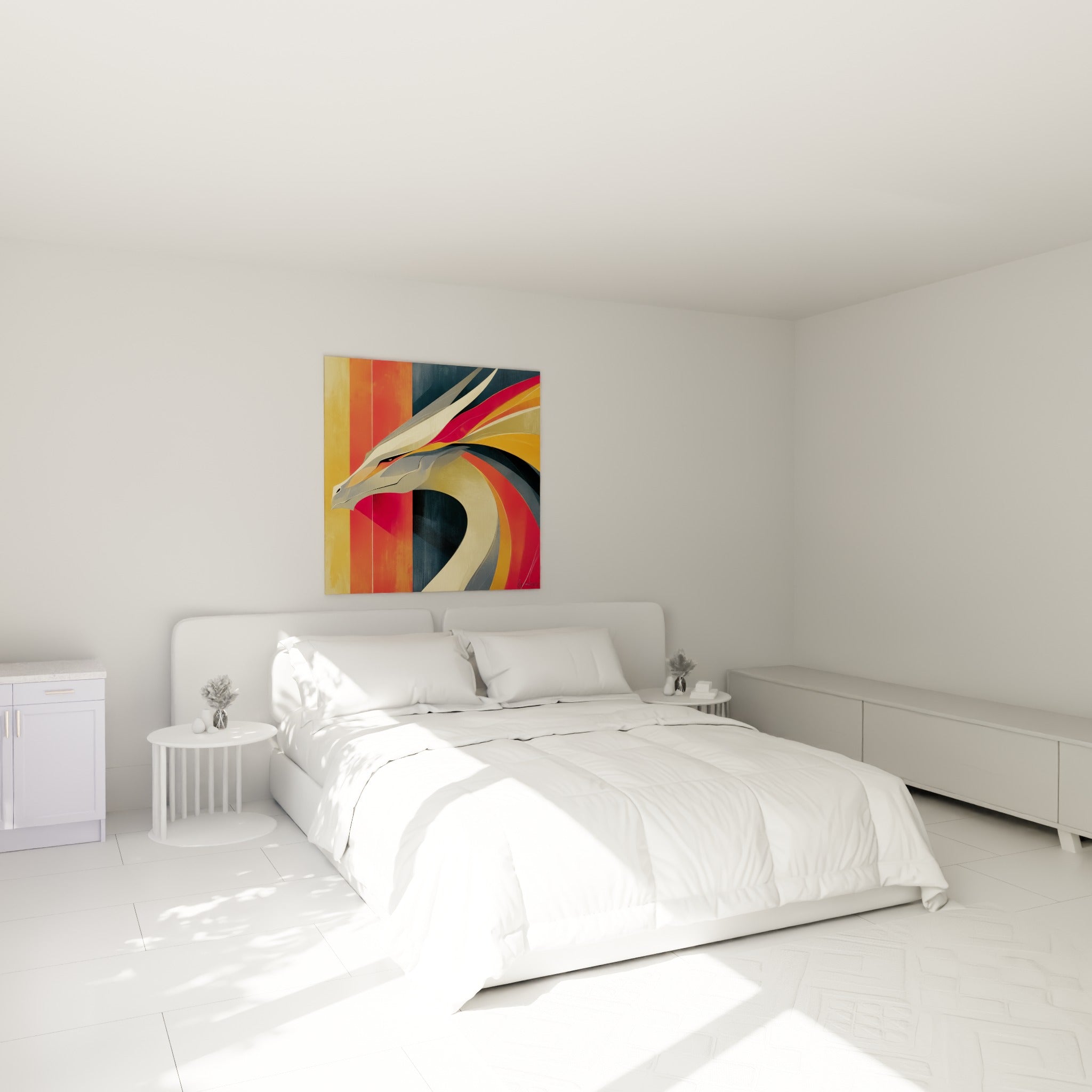 Créature ailée aux teintes fauve et corail, tableau Dragon accroché au-dessus d'un lit dans une chambre claire