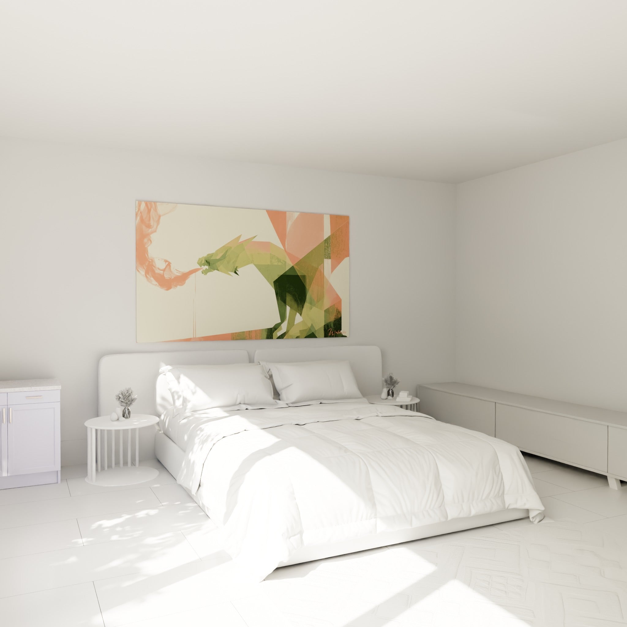 Créature ailée vert olive et corail crachant du feu, accrochée au-dessus d'un lit dans une chambre claire