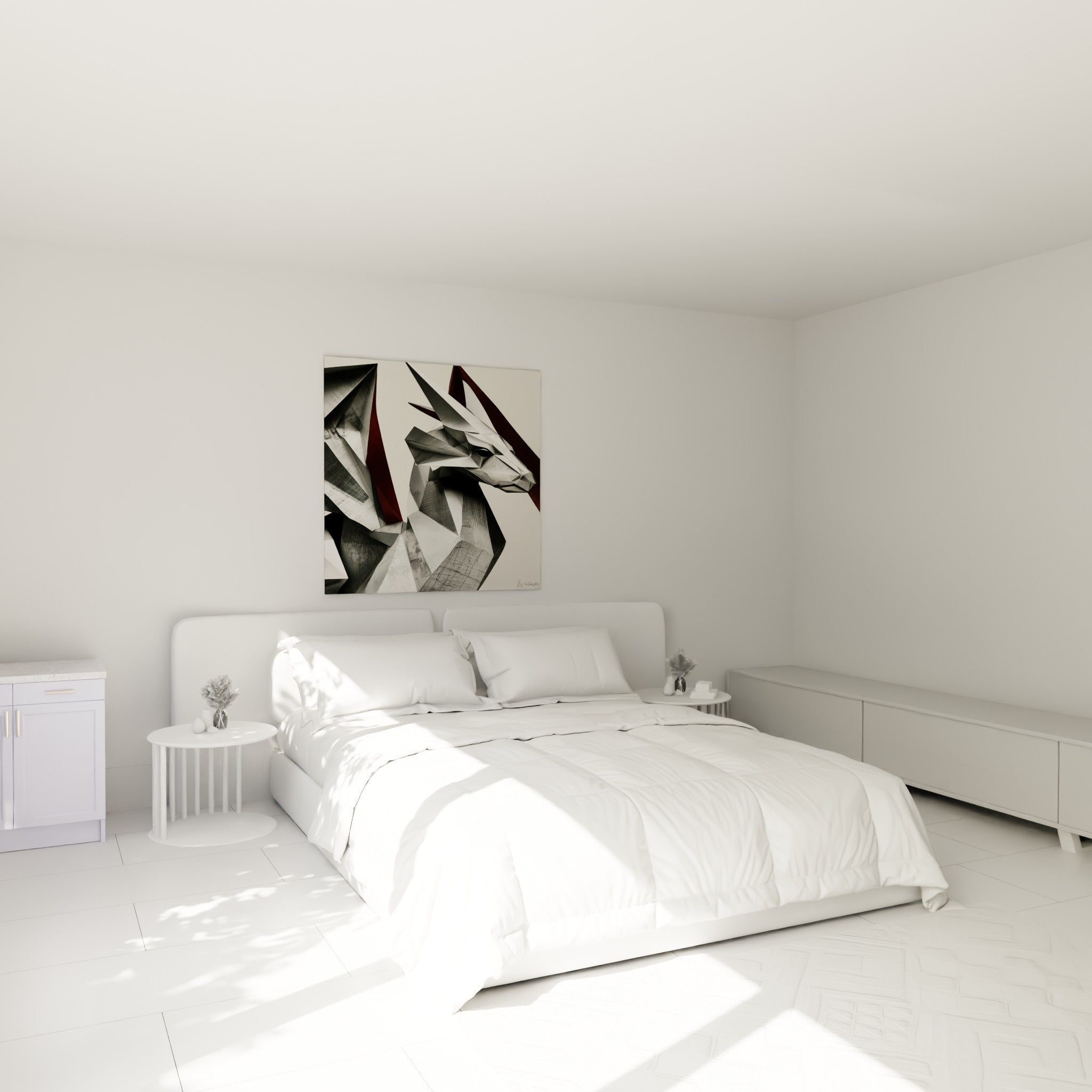 Créature à écailles grises et bordeaux, tableau dragon accroché au-dessus d'un lit dans une chambre claire