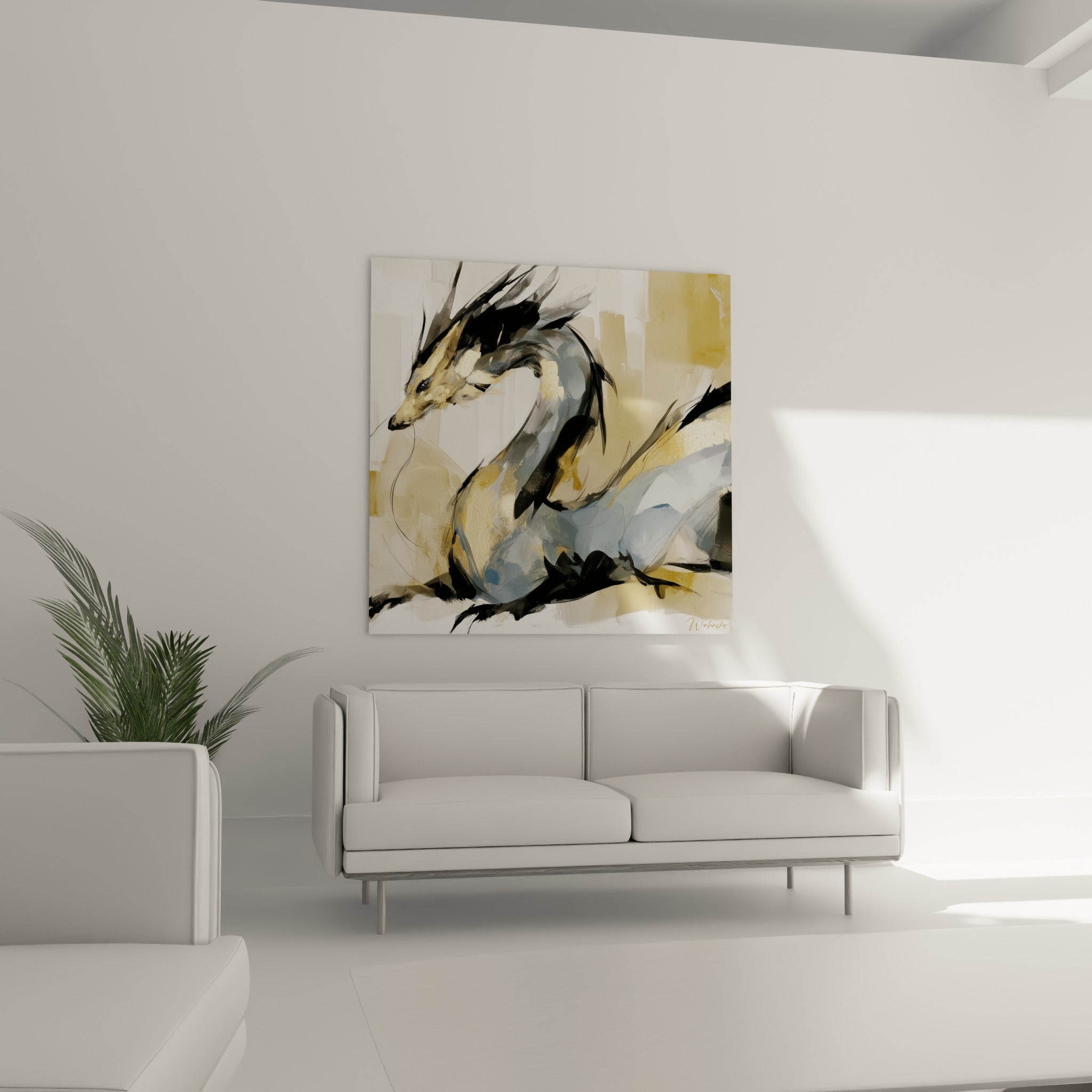 Silhouette anthracite et dorée d'un dragon mythique, au-dessus d'un canapé dans un salon lumineux