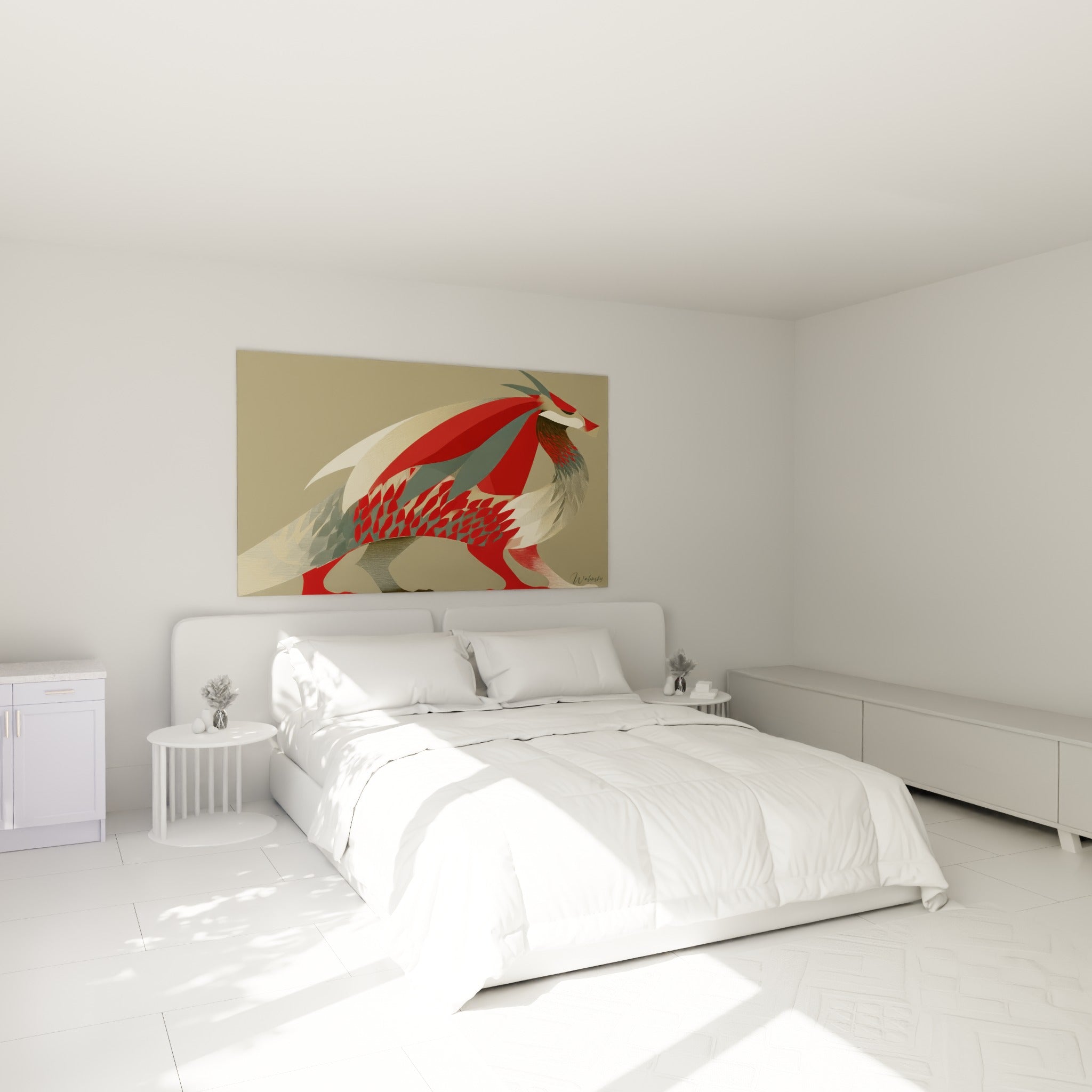 Créature légendaire aux écailles rouge et crème positionnée au-dessus d'un lit dans une chambre claire