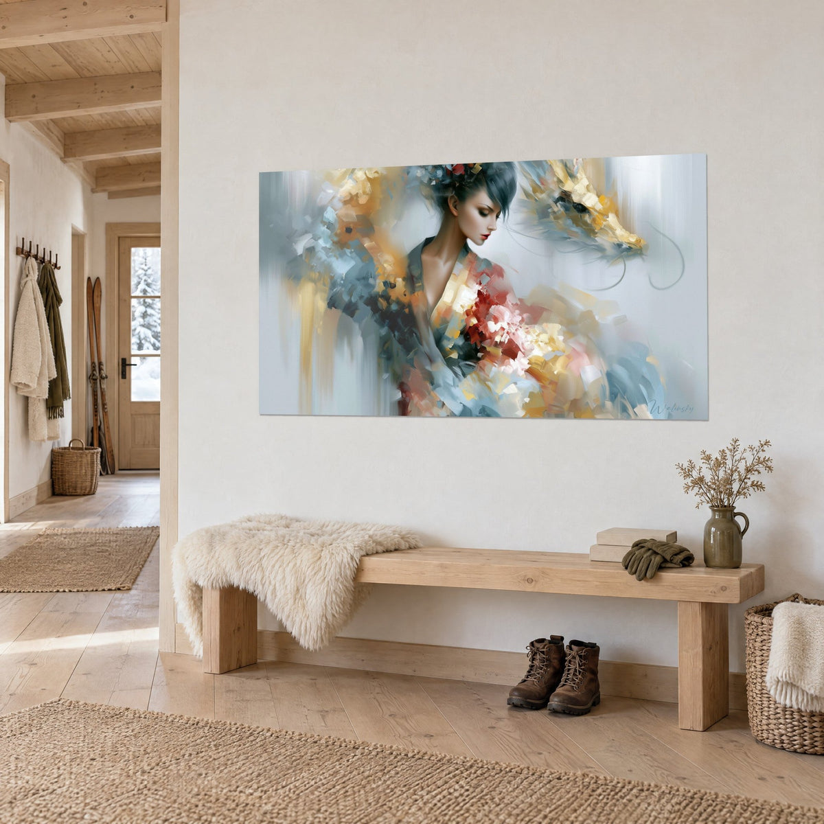 Tableau portrait aux yeux clos, lèvres rouges, chignon sombre, touches ocre et bleu acier, sur un mur de chalet près d'un banc
