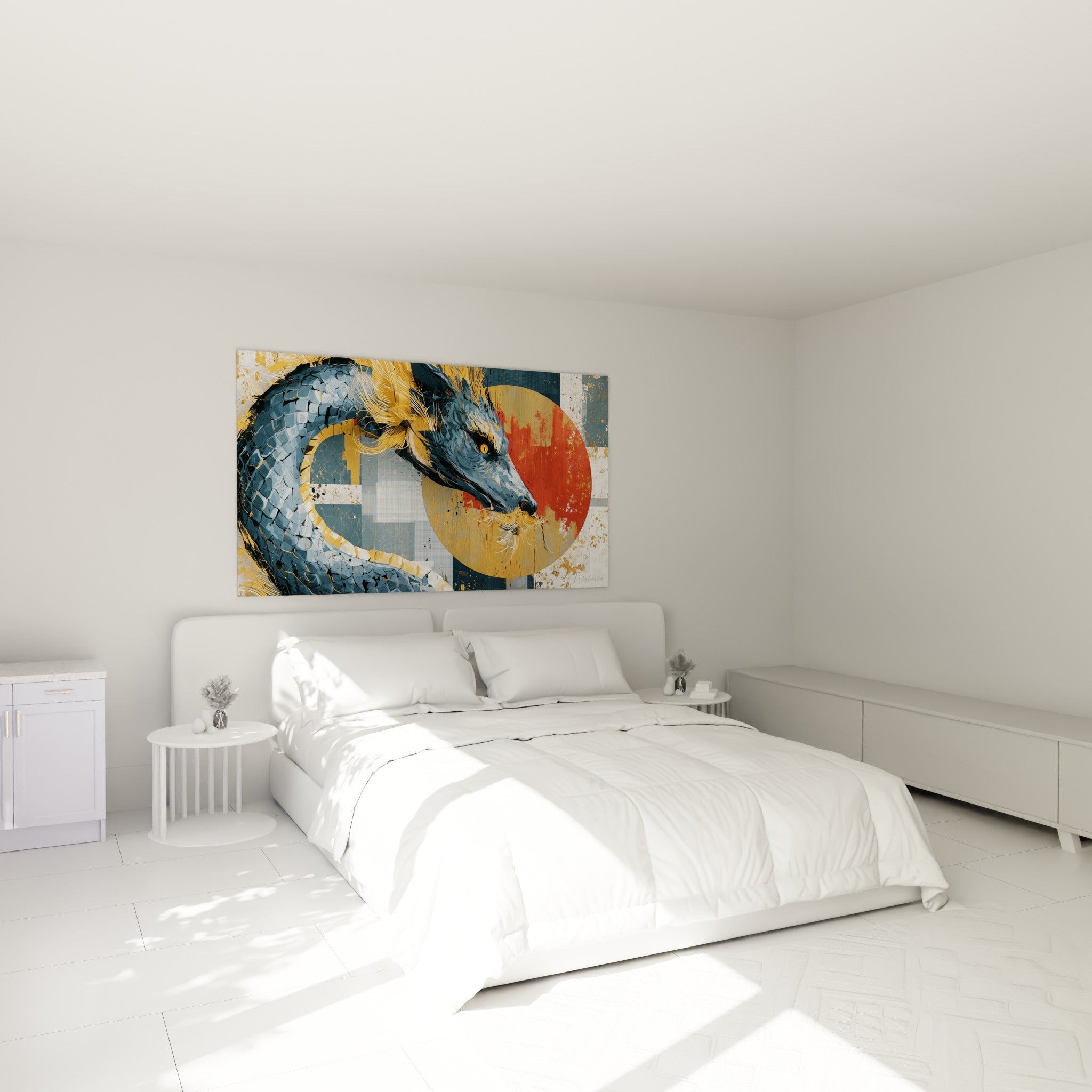 Créature mythique bleu marine et dorée, crinière ondulante, au-dessus d'un lit dans une chambre claire