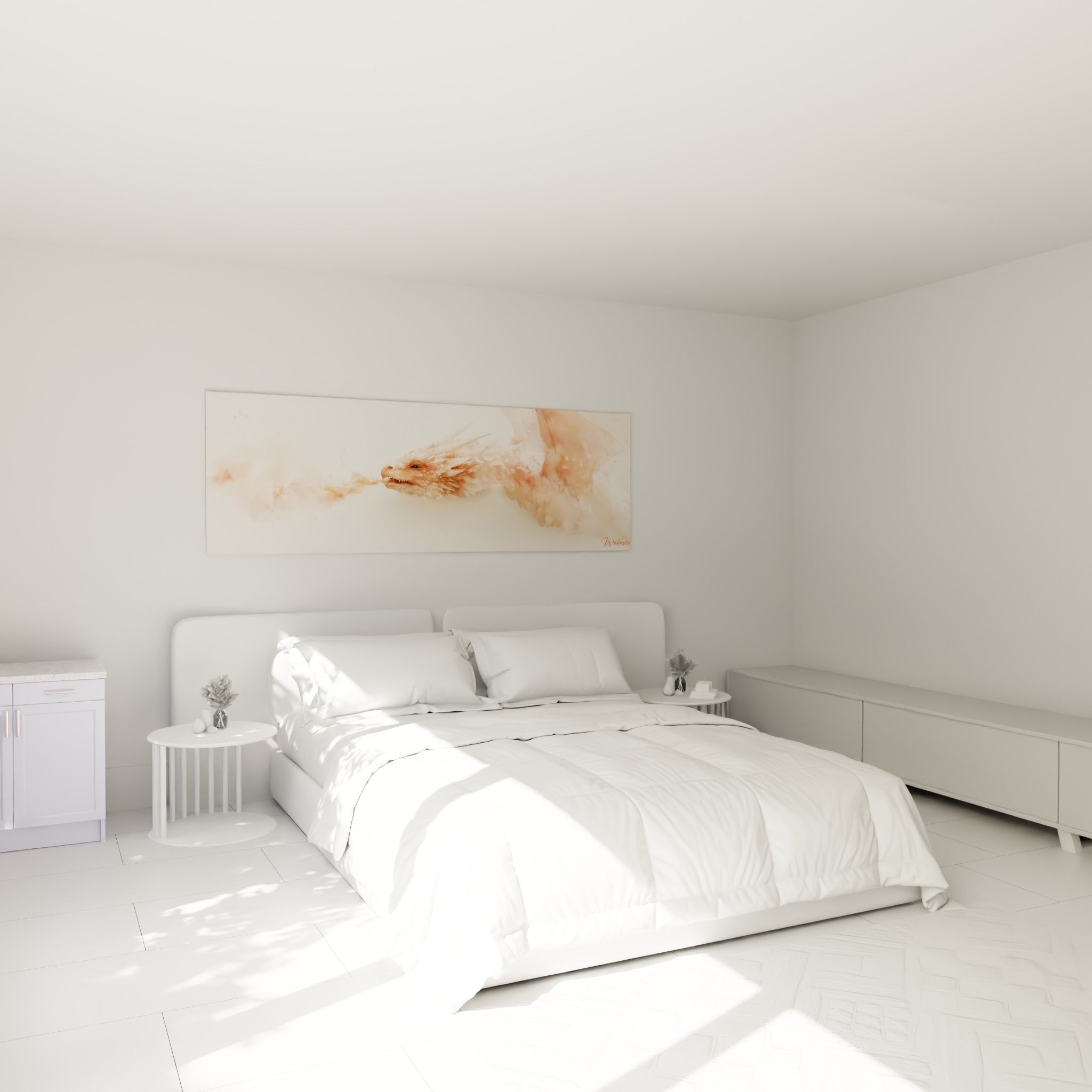 Créature ailée en aquarelle crème et terracotta accrochée au-dessus d'un lit dans une chambre claire