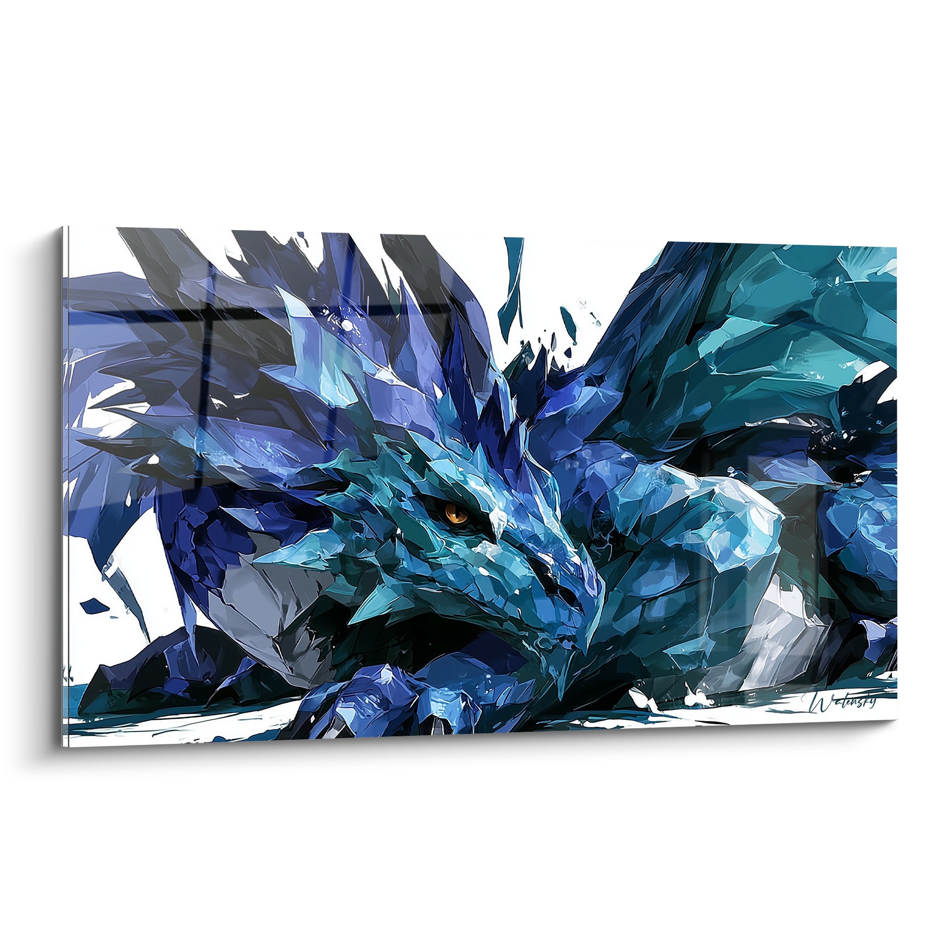 Dragon de cristal bleu marine et turquoise, œil ambré perçant, écailles taillées en facettes géométriques