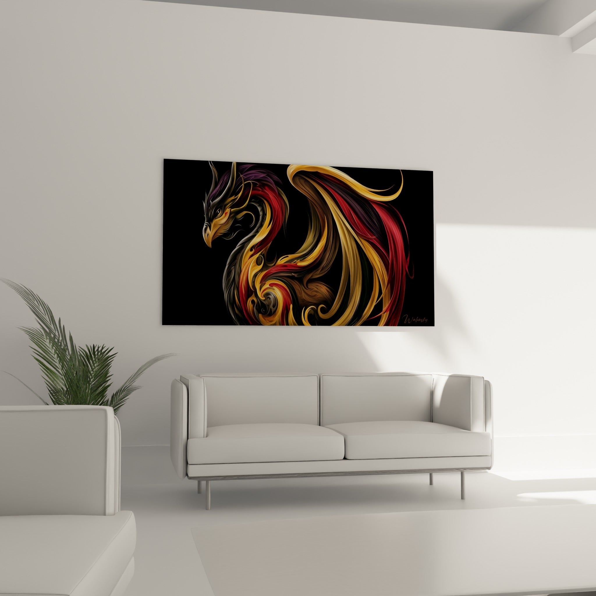 Dragon aux reflets cuivrés et bordeaux accroché au-dessus d'un canapé dans un salon lumineux