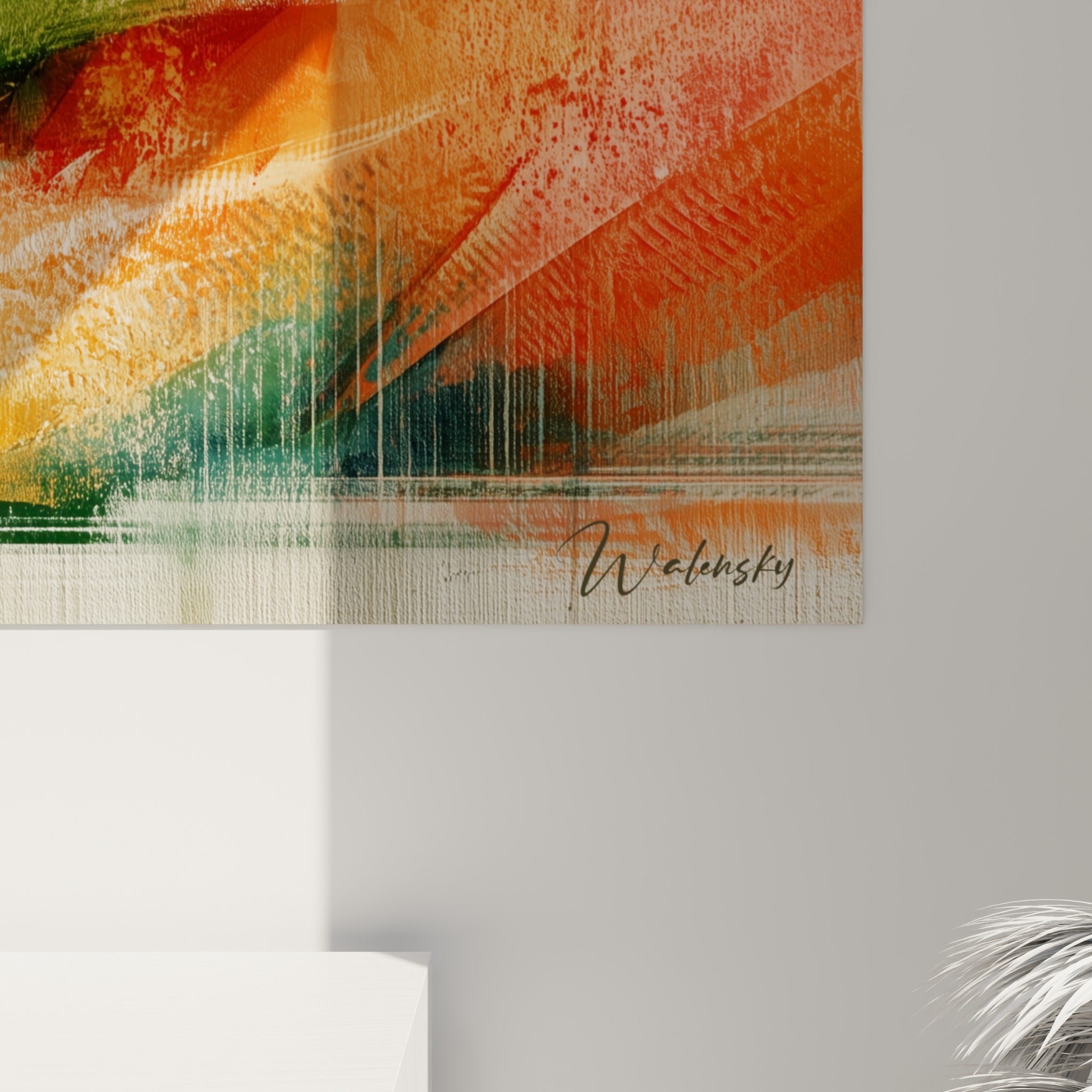 Détail des coulures orange et bleu marine du tableau Dragon, grain de la toile et matière picturale visible