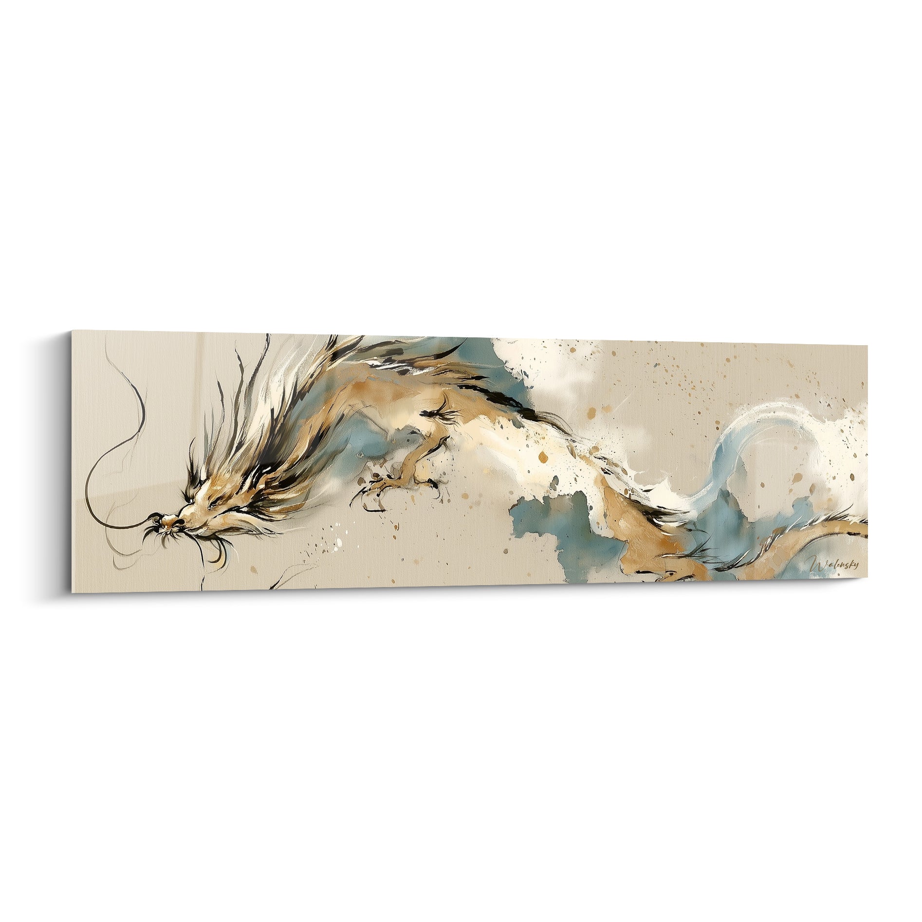 Dragon doré et bleu ocre serpentant en volutes d'aquarelle sur fond beige clair