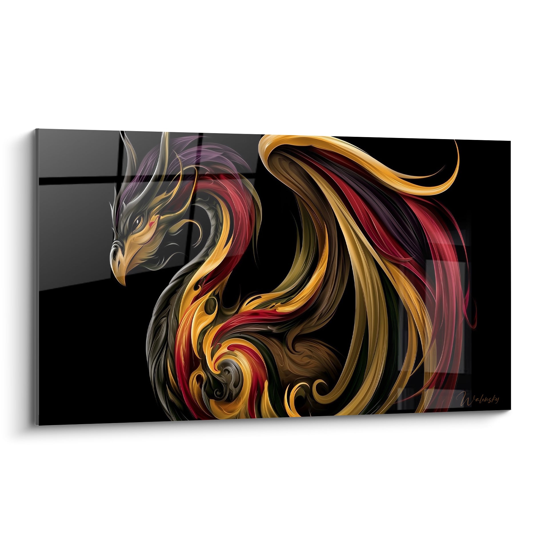 Dragon doré et bordeaux aux volutes tourbillonnantes sur fond noir intense, tête cornue détaillée