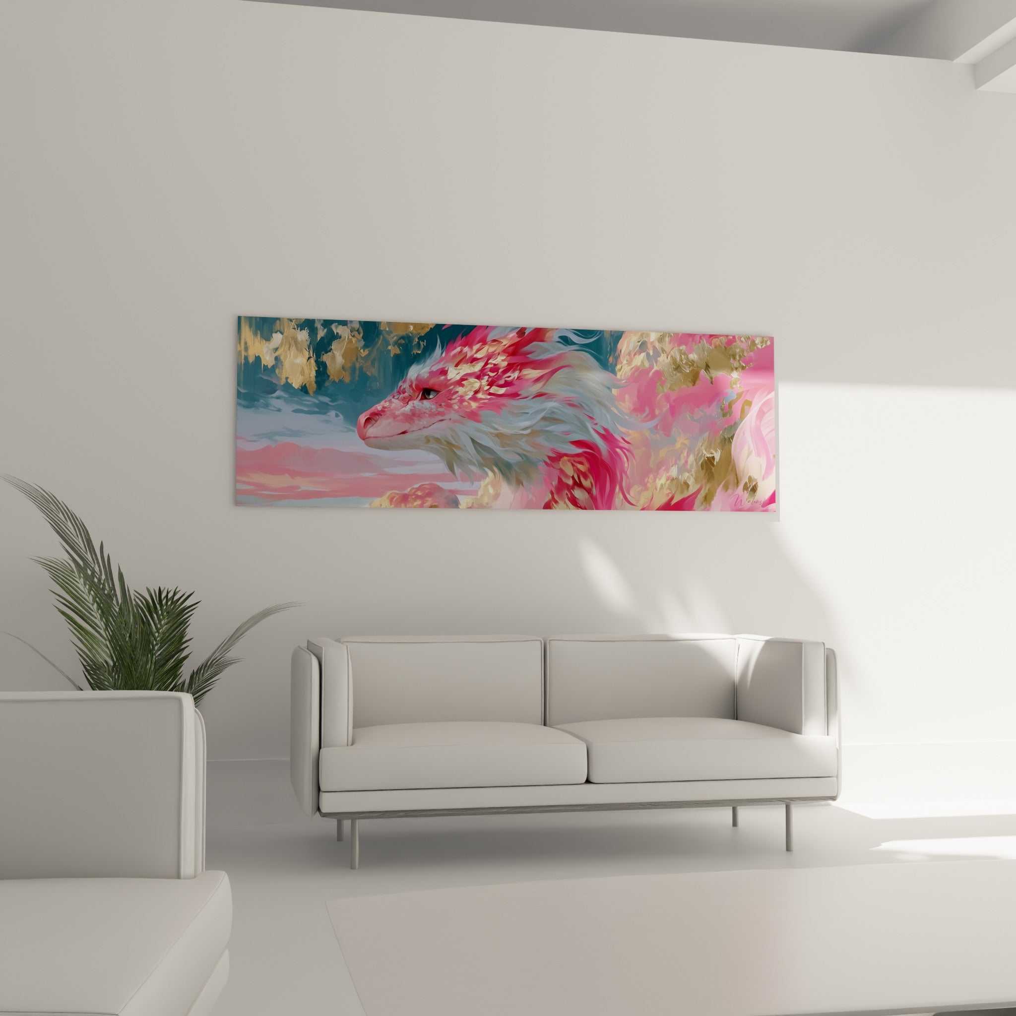 Museau blanc du dragon aux mèches roses vives placé au-dessus d'un canapé dans un salon lumineux