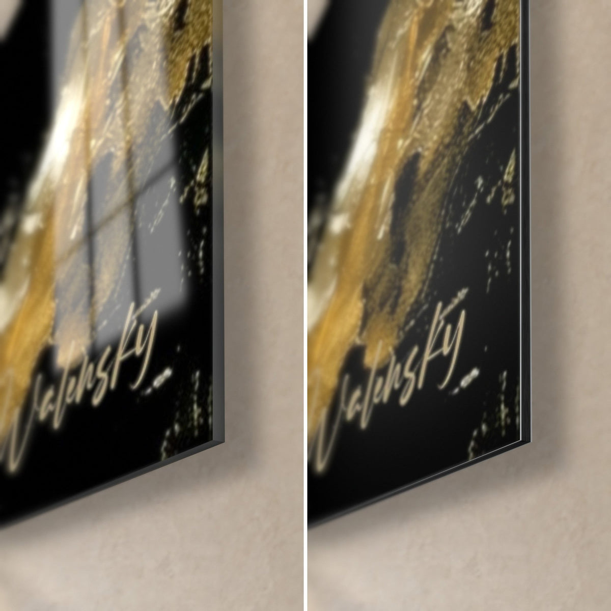 Tableau dragon doré en peinture épaisse, coin bas droit : verre acrylique brillant à gauche, alu Dibond mat à droite, tranche de 3 mm