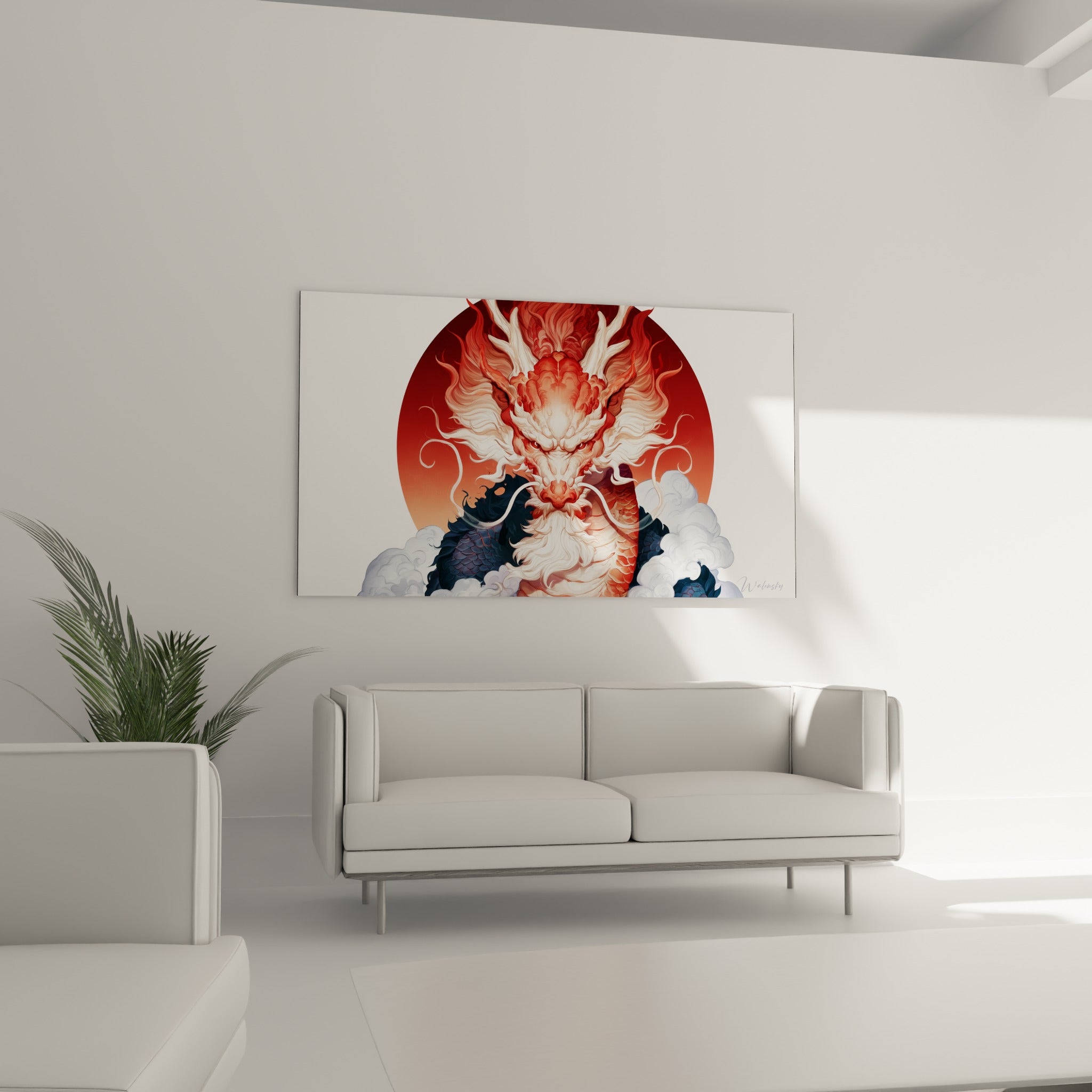 Tête de dragon aux écailles anthracite et cornes ivoire, disposée au-dessus d'un canapé dans un salon lumineux