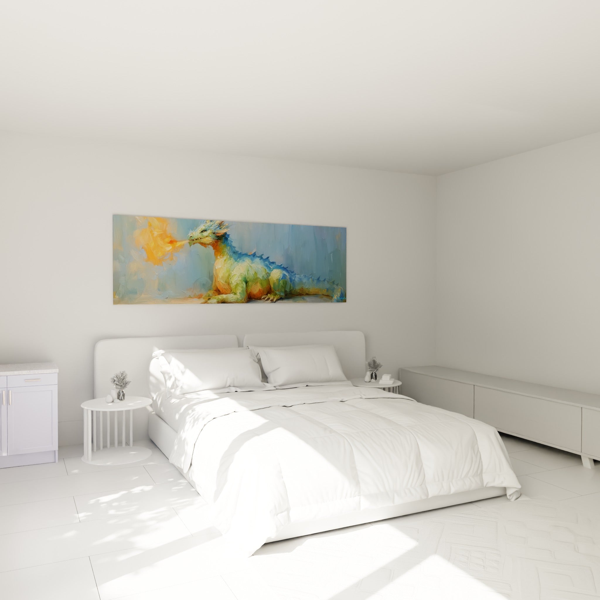 Créature ailée vert d'eau et bleu ardoise crachant une flamme orangée, au-dessus d'un lit dans une chambre claire