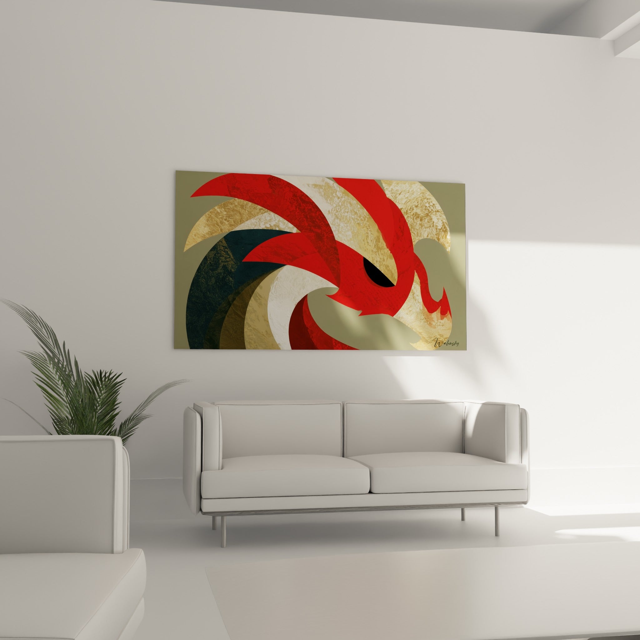 Tête de dragon aux écailles dorées et rouges, au-dessus d'un canapé dans un salon lumineux