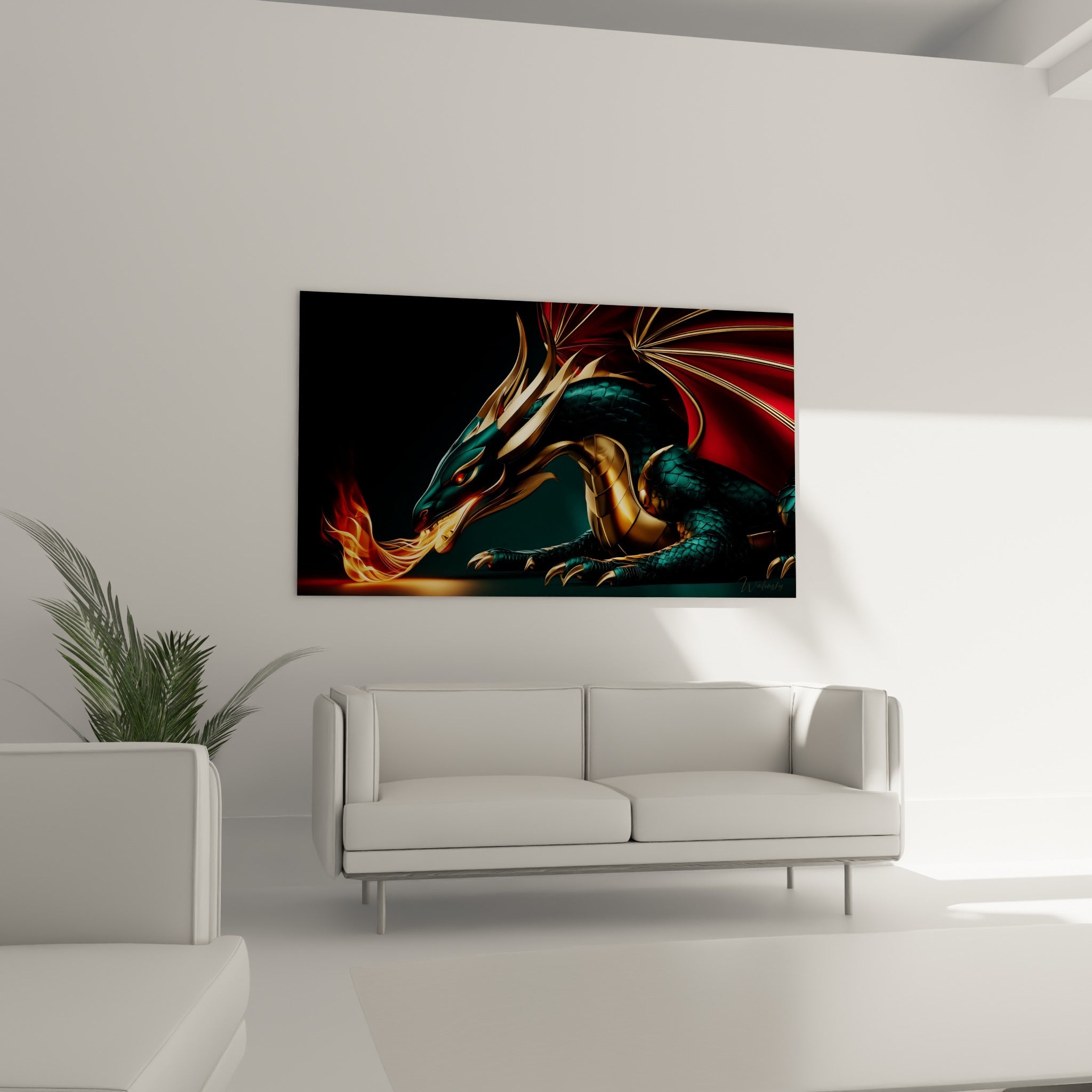 Dragon aux flammes orangées et corps émeraude métallique, suspendu au-dessus d'un canapé dans un salon lumineux