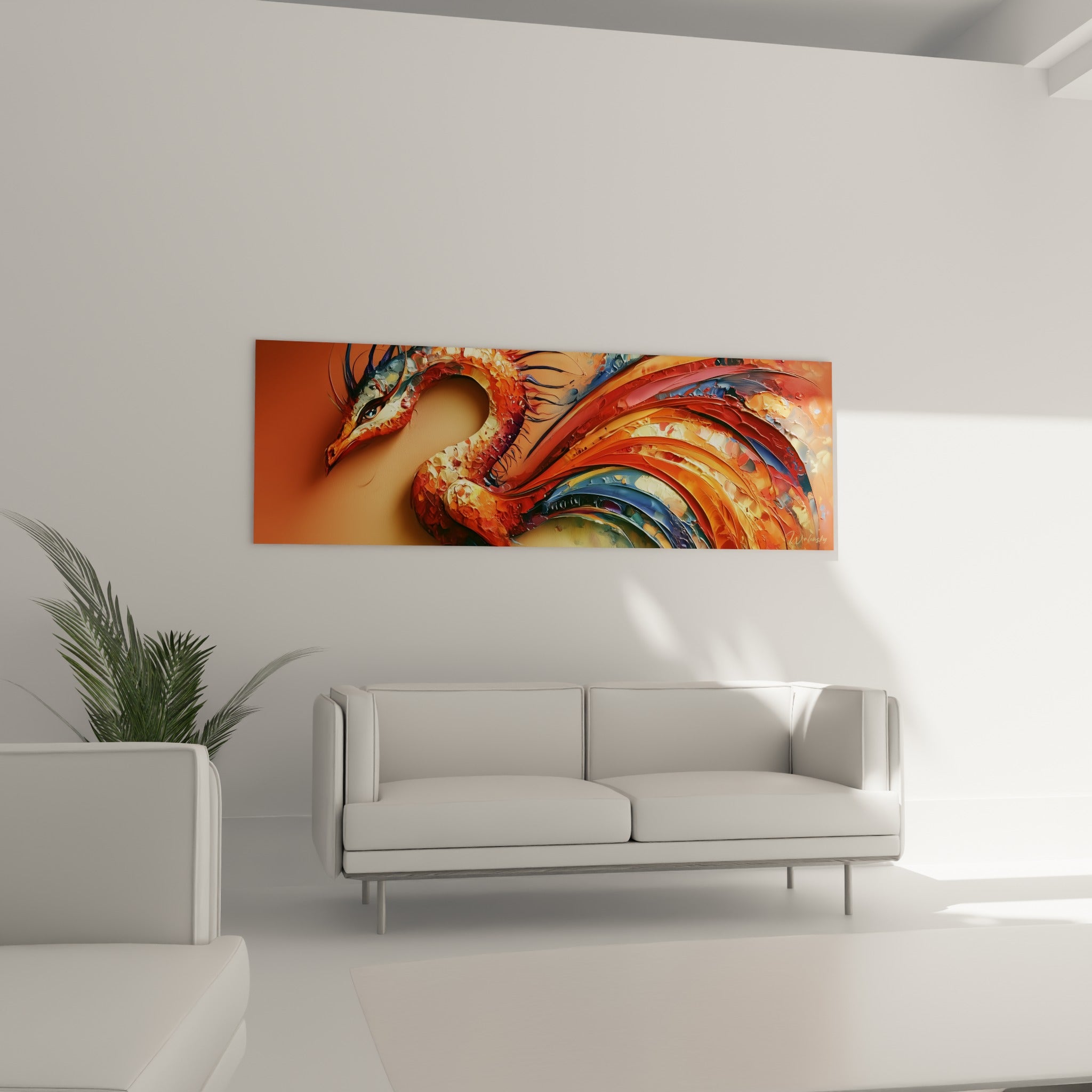 Silhouette sinueuse ocre et bleu marine du dragon accrochée au-dessus d'un canapé dans un salon lumineux