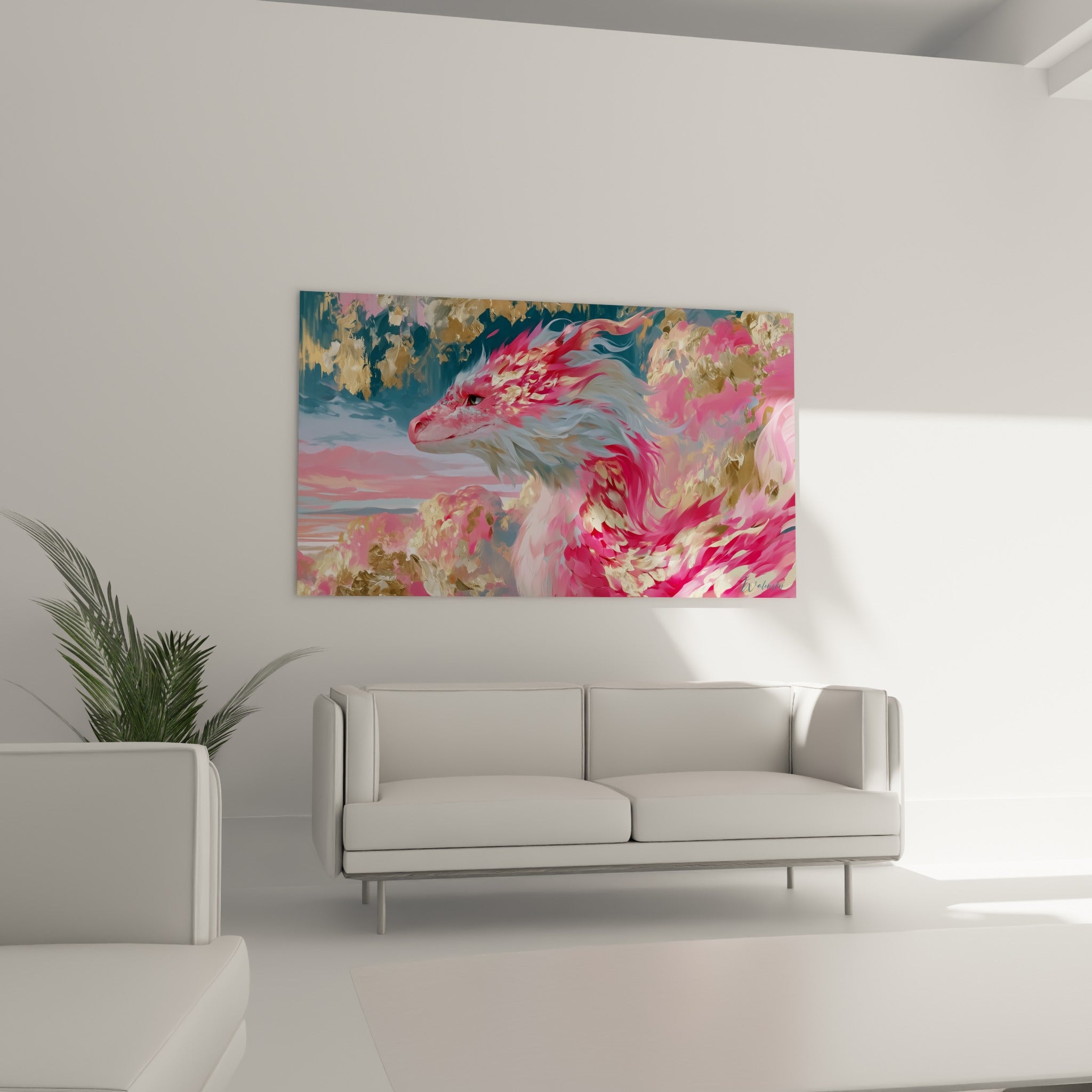 Silhouette de dragon aux écailles roses et dorées peintes en larges touches, au-dessus d'un canapé dans un salon lumineux