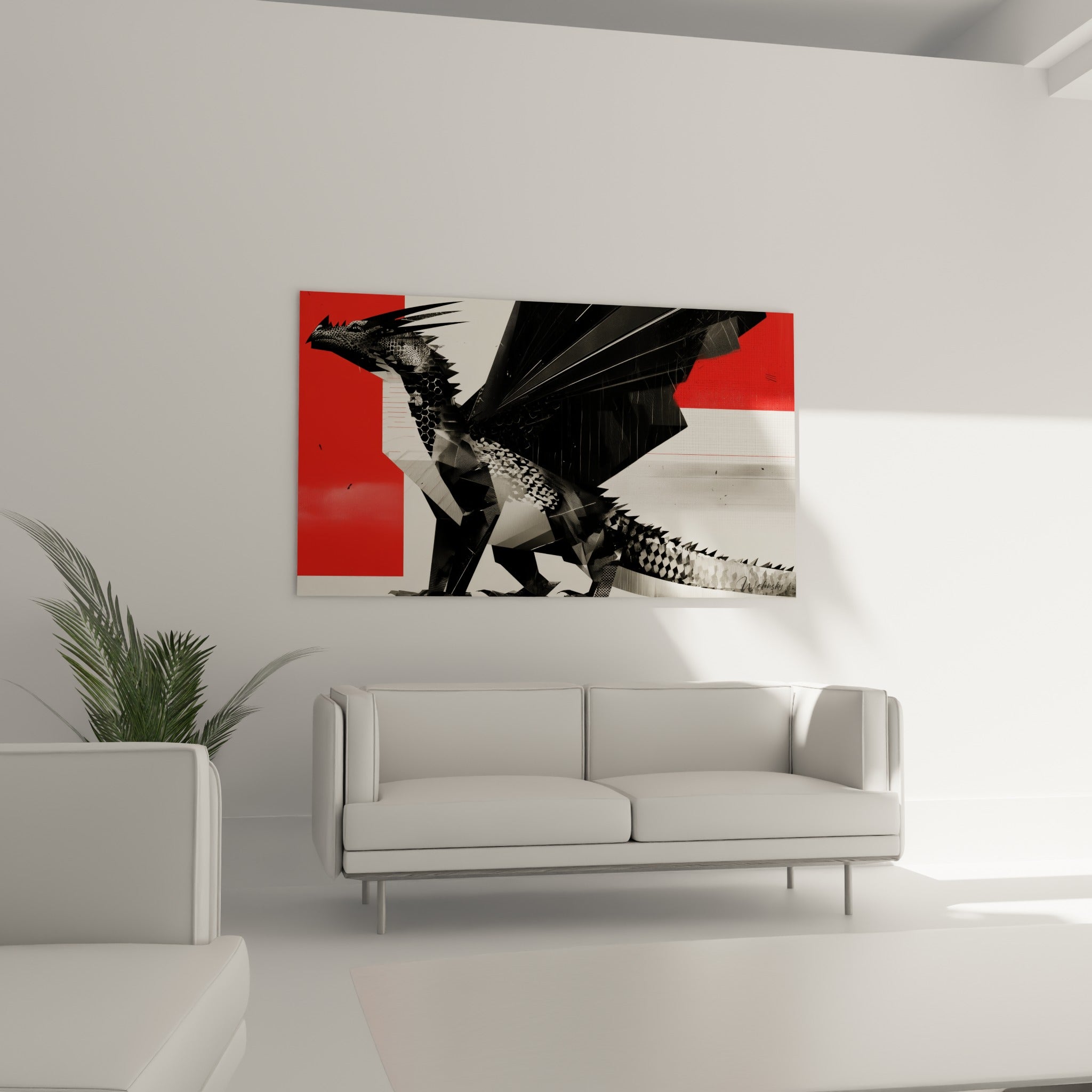 Silhouette anguleuse du dragon anthracite sur fond écarlate, disposée au-dessus d'un canapé dans un salon lumineux