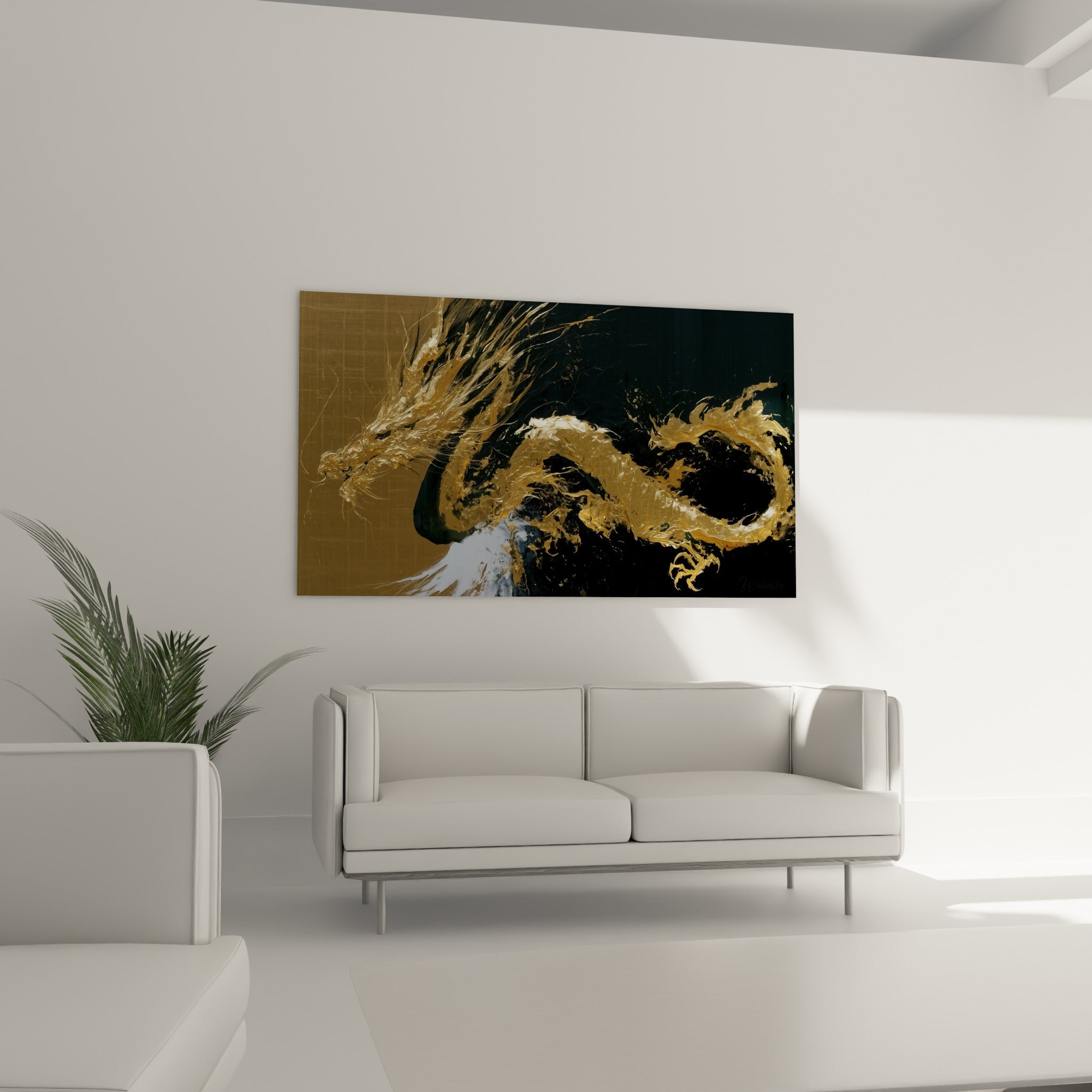 Silhouette de dragon fauve et blanc écumeux positionnée au-dessus d'un canapé dans un salon lumineux
