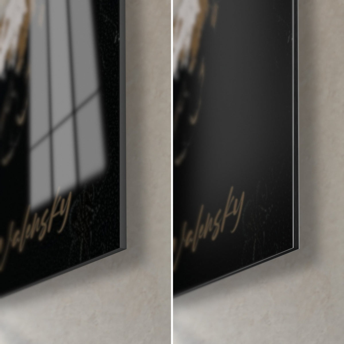 Quadro drago in foglia d'oro e bianco cremoso, angolo in basso a destra, vetro acrilico lucido a sinistra, Dibond opaco a destra