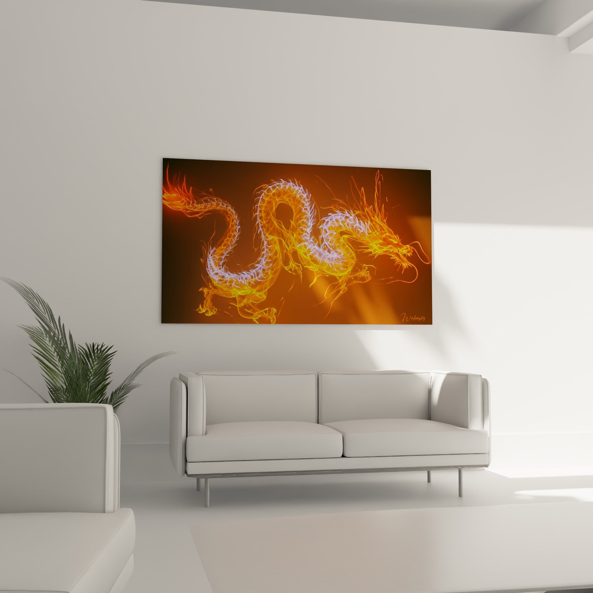 Silhouette fauve et ambrée d'un Dragon incandescent, au-dessus d'un canapé dans un salon lumineux