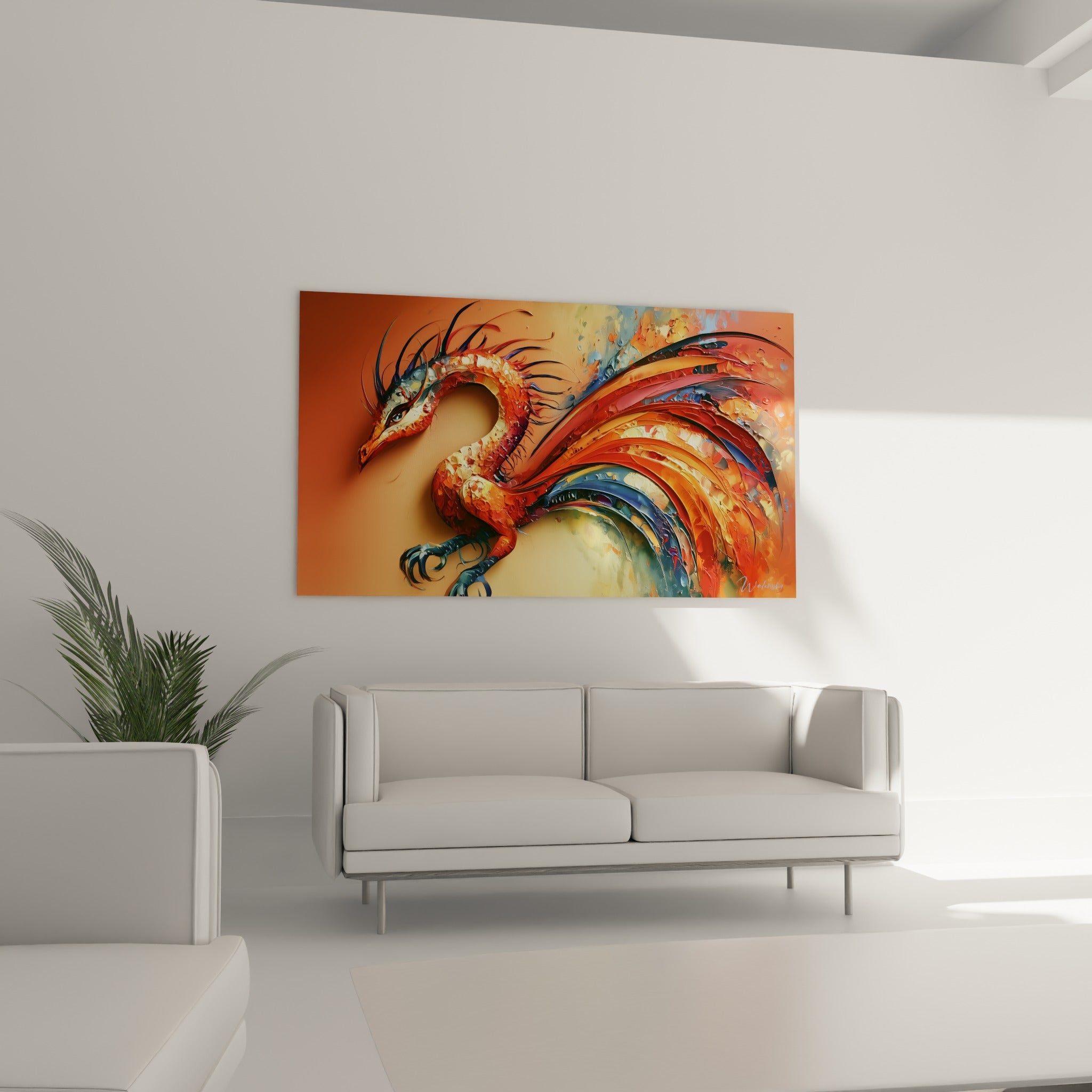 Silhouette ardente du dragon fauve et anthracite, œuvre suspendue au-dessus d'un canapé dans un salon lumineux