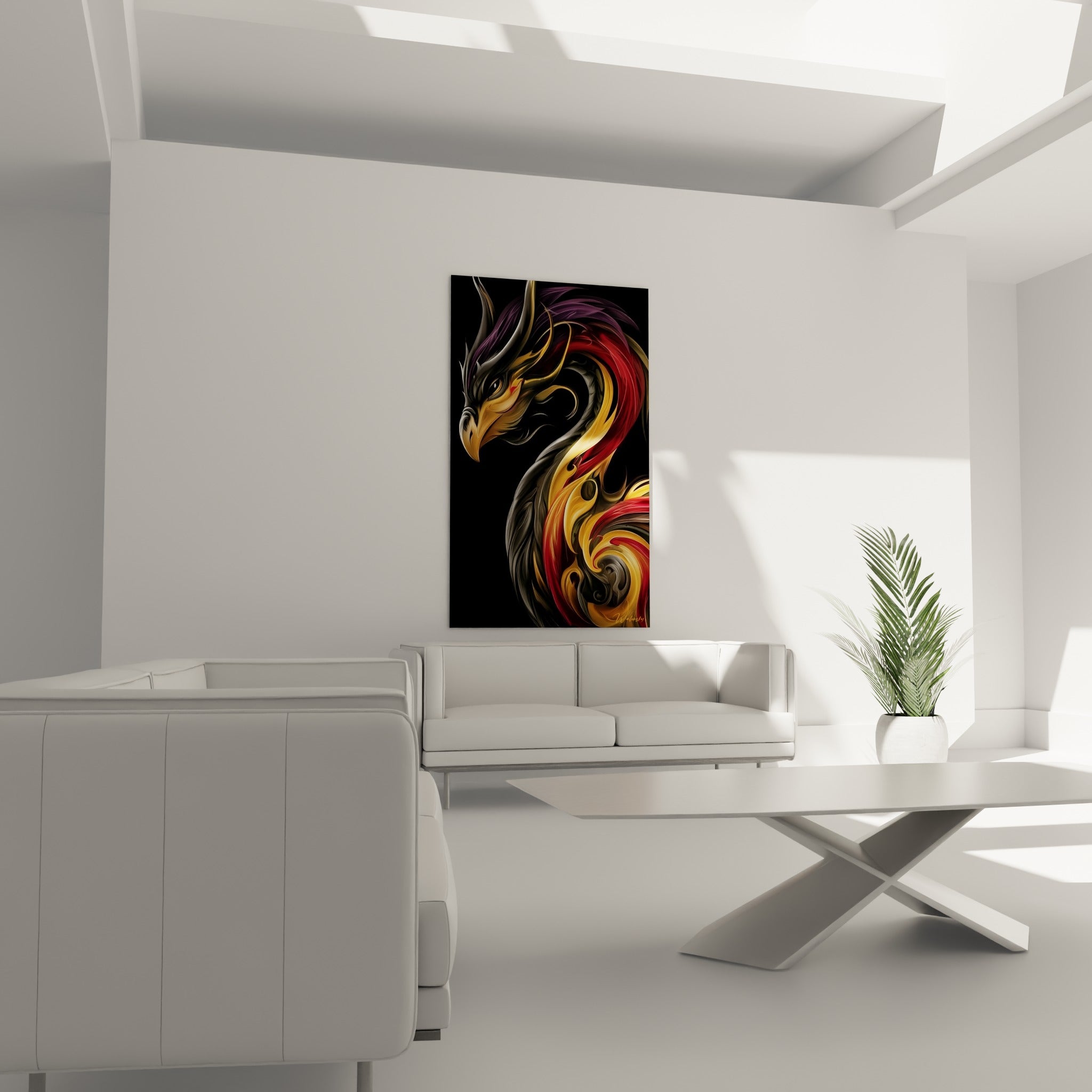 Silhouette fauve et dorée d'un dragon stylisé, disposée au-dessus d'un canapé dans un salon lumineux