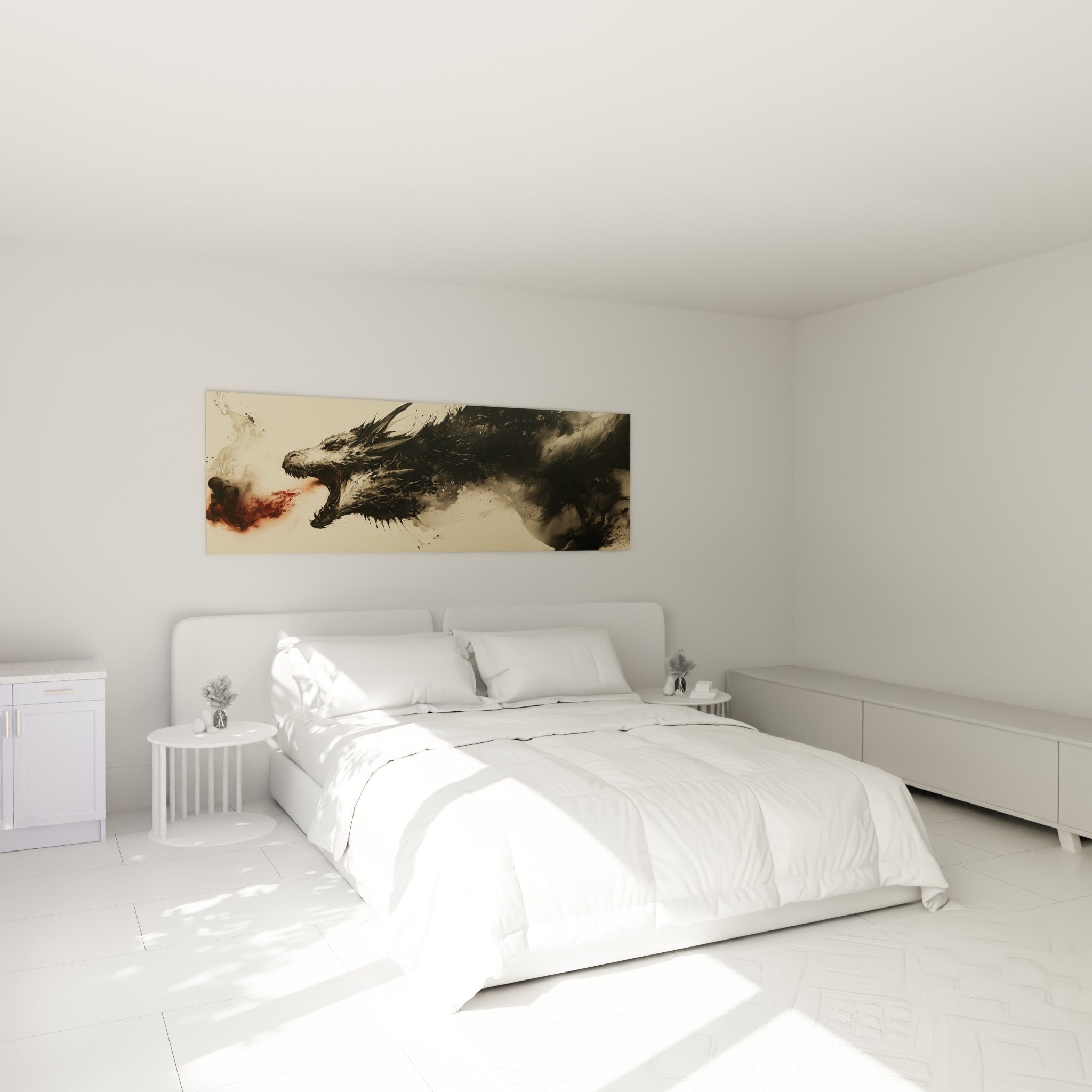 Créature au souffle rouge et anthracite, tableau accroché au-dessus d'un lit dans une chambre claire
